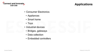 Espressif Systems EclipseCon Europe 2019
Applications
• Consumer Electronics
• Appliances
• Smart home
• Toys
• Industrial...