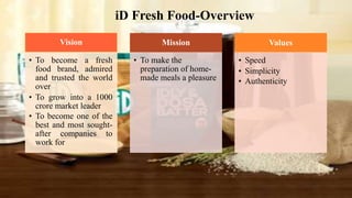 Vision
• To become a fresh
food brand, admired
and trusted the world
over
• To grow into a 1000
crore market leader
• To become one of the
best and most sought-
after companies to
work for
Mission
• To make the
preparation of home-
made meals a pleasure
Values
• Speed
• Simplicity
• Authenticity
iD Fresh Food-Overview
 