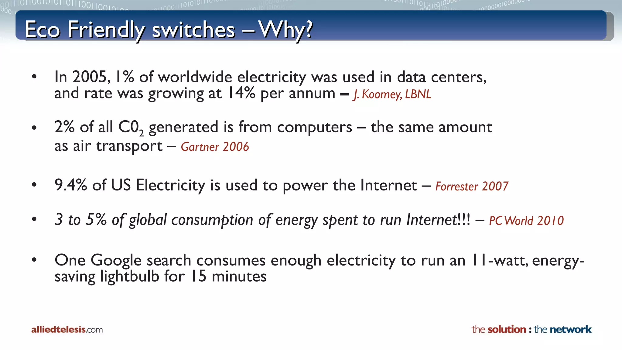 Eco Friendly switches – Why? In 2005, 1% of worldwide electricity was used in data centers,  and rate was growing at 14% per annum  –  J. Koomey, LBNL 2% of all C0 2  generated is from computers – the same amount  as air transport   –   Gartner 2006 9.4% of US Electricity is used to power the Internet –   Forrester 2007 3 to 5% of global consumption of energy spent to run Internet !!! –  PC World 2010 One Google search consumes enough electricity to run an 11-watt, energy-saving lightbulb for 15 minutes   
