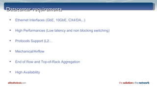 Datacenter requirements Ethernet Interfaces (GbE, 10GbE, CX4/DA...) High Performances (Low latency and non blocking switching) Protocols Support (L2… Mechanical/Airflow End of Row and  Top-of-Rack Aggregation High Availability 