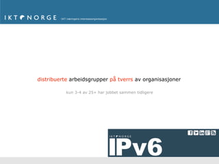 distribuerte arbeidsgrupper på tverrs av organisasjoner

           kun 3-4 av 25+ har jobbet sammen tidligere




                                                        45
 