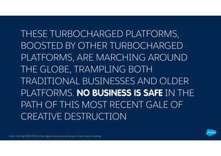 THESE TURBOCHARGED PLATFORMS,
BOOSTED BY OTHER TURBOCHARGED
PLATFORMS, ARE MARCHING AROUND
THE GLOBE, TRAMPLING BOTH
TRADITIONAL BUSINESSES AND OLDER
PLATFORMS. NO BUSINESS IS SAFE IN THE
PATH OF THIS MOST RECENT GALE OF
CREATIVE DESTRUCTION
https://hbr.org/2016/05/the-best-digital-companies-are-set-up-to-never-stop-innovating
 