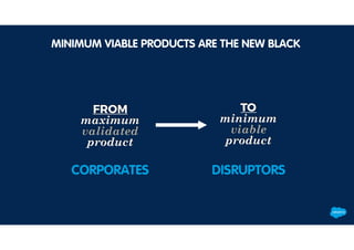 TO
minimum
viable
product
CORPORATES DISRUPTORS
FROM
maximum
validated
product
MINIMUM VIABLE PRODUCTS ARE THE NEW BLACK
 