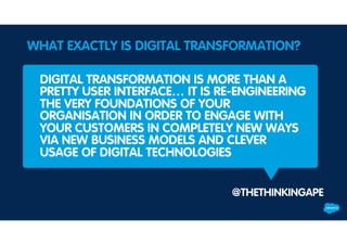 DIGITAL TRANSFORMATION IS MORE THAN A
PRETTY USER INTERFACE… IT IS RE-ENGINEERING
THE VERY FOUNDATIONS OF YOUR
ORGANISATION IN ORDER TO ENGAGE WITH
YOUR CUSTOMERS IN COMPLETELY NEW WAYS
VIA NEW BUSINESS MODELS AND CLEVER
USAGE OF DIGITAL TECHNOLOGIES
WHAT EXACTLY IS DIGITAL TRANSFORMATION?
@THETHINKINGAPE
 