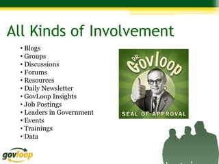 All Kinds of Involvement
 • Blogs
 • Groups
 • Discussions
 • Forums
 • Resources
 • Daily Newsletter
 • GovLoop Insights
 • Job Postings
 • Leaders in Government
 • Events
 • Trainings
 • Data
 
