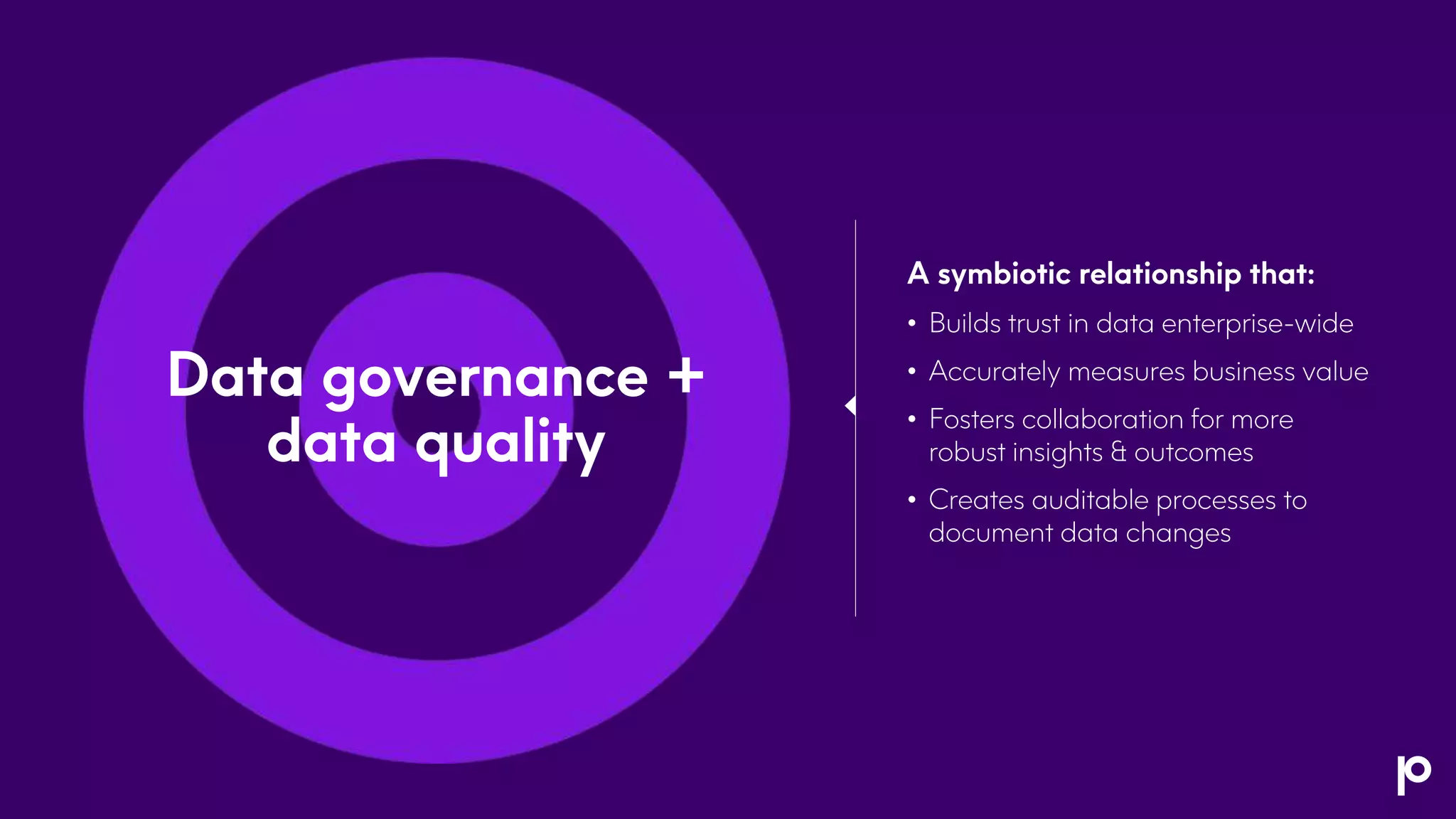 Data governance +
data quality
A symbiotic relationship that:
• Builds trust in data enterprise-wide
• Accurately measures business value
• Fosters collaboration for more
robust insights & outcomes
• Creates auditable processes to
document data changes
 
