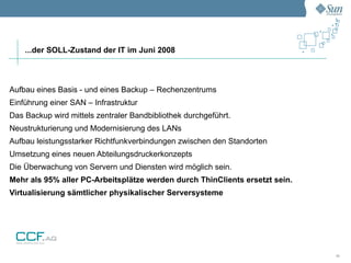 ...der SOLL-Zustand der IT im Juni 2008



Aufbau eines Basis - und eines Backup – Rechenzentrums
Einführung einer SAN – Infrastruktur
Das Backup wird mittels zentraler Bandbibliothek durchgeführt.
Neustrukturierung und Modernisierung des LANs
Aufbau leistungsstarker Richtfunkverbindungen zwischen den Standorten
Umsetzung eines neuen Abteilungsdruckerkonzepts
Die Überwachung von Servern und Diensten wird möglich sein.
Mehr als 95% aller PC-Arbeitsplätze werden durch ThinClients ersetzt sein.
Virtualisierung sämtlicher physikalischer Serversysteme




                                                                             11
 