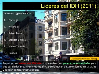 Líderes del IDH (2011)
Primeros lugares del IDH

1.   Noruega

2.   Australia

3.   Países Bajos

4.   Estados Unidos

5.   Nueva Zelanda

6.   Canadá
                                                        El campeón definitivo es Noruega

Entonces, los países con IDH alto son aquellos que generan oportunidades para
que sus ciudadanos vivan muchos años, permanezcan bastante tiempo en las aulas
y puedan generar mucha riqueza.
 