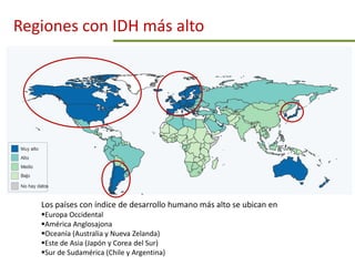 Regiones con IDH más alto




   Los países con índice de desarrollo humano más alto se ubican en
   Europa Occidental
   América Anglosajona
   Oceanía (Australia y Nueva Zelanda)
   Este de Asia (Japón y Corea del Sur)
   Sur de Sudamérica (Chile y Argentina)
 