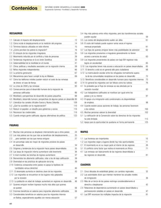 xii
Contenidos INFORME SOBRE DESARROLLO HUMANO 2009
Superando barreras: movilidad y desarrollo humanos
RECUADROS
1.1 Calcular el impacto del desplazamiento 12
1.2 Cómo incide el desplazamiento en la medición del progreso 14
1.3 Términos básicos utilizados en este informe 15
1.4 ¿Cómo perciben los pobres la migración? 16
2.1 El cómputo de los migrantes irregulares 25
2.2 Movimiento inducido por el conflicto y trata de personas 28
2.3 Tendencias migratorias en la ex Unión Soviética 33
2.4 Gobernabilidad de la movilidad en el mundo 41
3.1 China: políticas y resultados asociados con la migración interna 58
3.2 Niños migrantes independientes 66
3.3 La próxima generación 67
3.4 Mecanismos para hacer cumplir la ley en Malasia 69
4.1 Cómo los teléfonos móviles pueden reducir el costo de las remesas
de dinero: el caso de Kenya 82
4.2 La crisis de 2009 y las remesas 83
4.3 Consecuencias para el desarrollo humano de la migración de
personas calificadas 86
4.4 Movilidad y perspectivas de desarrollo de países pequeños 88
4.5 Movilidad y desarrollo humano: perspectivas de algunos países en desarrollo 90
5.1 Liberalizar los canales oficiales-Suecia y Nueva Zelandia 109
5.2 ¿Qué ha sucedido con la regularización? 110
5.3 Reducir el papeleo: un desafío para gobiernos y socios 116
5.4 Reconocer las credenciales 118
5.5 Cuando emigra gente calificada: algunas alternativas de política 123
FIGURAS
2.1 Muchas más personas se desplazan internamente que a otros países 24
2.2 Los más pobres son los que más se benefician del desplazamiento… 25
2.3 …pero también son los que menos emigran 27
2.4 Un porcentaje cada vez mayor de migrantes proviene de países
en desarrollo 34
2.5 Orígenes y tendencias de la migración hacia países desarrollados 35
2.6 Las tasas de migración interna aumentaron sólo levemente 36
2.7 A nivel mundial, las brechas de ingreso aumentaron 37
2.8 Bienvenidos los altamente calificados, rotar a los de baja calificación 38
2.9 Diversidad en las prácticas de aplicación de la ley 39
2.10 Evidencia comparativa entre países no apoya la hipótesis de
‘cantidades versus derechos’ 40
2.11 El desempleo aumenta en destinos clave de los migrantes 43
2.12 Los migrantes se encuentran en los lugares más golpeados
por la recesión 44
2.13 La población en edad de trabajar aumentará en regiones en desarrollo 46
3.1 Quienes emigran reciben ingresos mucho más altos que quienes
se quedan 56
3.2 Enormes beneficios en salarios para migrantes altamente calificados 56
3.3 Considerables beneficios en salarios para los migrantes internos
en Bolivia, especialmente aquellos con menos educación 57
3.4 Hay más pobreza entre niños migrantes, pero las transferencias sociales
pueden ayudar 59
3.5 Los costos del desplazamiento suelen ser altos 61
3.6 El costo del traslado puede superar varias veces el ingreso
mensual proyectado 61
3.7 Los hijos de quienes emigran tienen más posibilidades de sobrevivir 62
3.8 Los migrantes provisorios e irregulares generalmente no tienen
acceso a servicios de salud 63
3.9 Los migrantes provenientes de países con bajo IDH registran más
logros en escolaridad 65
3.10 Los migrantes tienen más acceso a educación en países desarrollados 65
3.11 El derecho a voto es en general sólo para ciudadanos 68
3.12 La matriculación escolar entre los refugiados normalmente supera
la de las comunidades receptoras en los países en desarrollo 72
3.13 Beneficios considerables en desarrollo humano para migrantes internos 75
3.14 En general los migrantes son tan felices como los nativos 76
4.1 Es probable que el flujo de remesas se vea afectado por la
recesión mundial 83
4.2 Los trabajadores calificados se movilizan por igual entre los
países y en su interior 87
4.3 El apoyo a la inmigración está condicionado a la disponibilidad
de empleos 98
4.4 Cuando existen pocas opciones de trabajo, las personas favorecen
a los nativos 100
4.5 Muchas personas valoran la diversidad 102
5.1 La ratificación de la Convención sobre los derechos de los migrantes
ha sido limitada 113
5.2 Apoyo para la oportunidad de quedarse en forma permanente 125
MAPAS
1.1 Las fronteras son importantes 10
1.2 Los migrantes viajan a lugares donde hay más oportunidades 11
2.1 El movimiento es en su mayor parte al interior de las regiones 26
3.1 El conflicto como factor que motiva el movimiento en África 71
4.1 Las remesas van básicamente de las regiones desarrolladas a
las regiones en desarrollo 81
CUADROS
2.1 Cinco décadas de estabilidad global, con cambios regionales 32
2.2 Las autoridades dicen que intentan mantener los actuales niveles
de inmigración 36
2.3 Más de un tercio de los países restringe considerablemente el
derecho a desplazarse 42
2.4 Relaciones de dependencia aumentarán en países desarrollados y
permanecerán estables en países en desarrollo 47
4.1 Las ERP reconocen los múltiples impactos de la migración 91
 