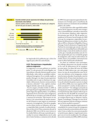 100
4 INFORME SOBRE DESARROLLO HUMANO 2009
Superando barreras: movilidad y desarrollo humanos
las inquietudes de la población que a elevar los
ingresos para cubrir los costos fiscales.
4.2.5 Percepciones e inquietudes
sobre la migración
La migración es un tema polémico en muchos
países. La sola presencia de recién llegados con
antecedentes culturales distintos puede acarrear
dificultades, sobre todo en sociedades tradicio-
nalmente homogéneas. En un sentido amplio, se
pueden distinguir tres tipos de preocupaciones
vinculadas entre sí y que se relacionan con segu-
ridad y delincuencia, factores socioeconómicos
y factores culturales133
. Este capítulo concluye
luego de abordar cada uno de estos aspectos.
Tras los ataques a Estados Unidos en 2001, la
preocupación por la seguridad aumentó y pasó al
primer lugar de la agenda política. Un problema
importante fue la asociación (real o imaginaria)
del hecho de ser extranjero con la falta de lealtad
y amenaza de terrorismo. Tales temores no son
nuevos y son característicos de muchos momen-
tos de la historia en que imperó un sentimiento
contrario a la inmigración. Uno de los ejemplos
son los chinos étnicos en Indonesia, de los que
se sospechaba haber incitado a la subversión po-
lítica en favor de la China comunista durante la
década de 1960, otro el de los rusos étnicos en
los estados bálticos, de los que se pensaba que so-
cavaban la reciente independencia tras la caída
de la Unión Soviética a comienzos de la década
de 1990. Estas preocupaciones generalmente dis-
minuyen con el tiempo, pero se manifiestan de
distintas maneras en momentos de inestabilidad
política y de cambio.
Las preocupaciones sobre seguridad también
derivan de los supuestos vínculos entre inmigra-
ción y criminalidad que a menudo se mencionan
en las discusiones populares sobre migración.
Encontramos que más de 70% de quienes res-
pondieron la Encuesta Social Europea de 2002
creía que los inmigrantes empeoraban los pro-
blemas de delincuencia en el país. La cifra alcan-
zaba un 85% en Alemania, la República Checa y
Noruega. Como lo demuestra el largometraje El
Padrino, los estereotipos que asocian a los inmi-
grantes con criminalidad fueron difundidos por
mucho tiempo a través de los medios de comuni-
cación, que a menudo presentaban actos de vio-
lencia perpetrados por una variedad de grupos
de inmigrantes, tales como la mafia italiana, las
tríadas chinas y las pandillas centroamericanas
(como la Mara Salvatrucha salvadoreña).
Los datos no confirman estos estereotipos.
Sin embargo, demuestran una elevada variación
en las tasas de delincuencia de los inmigran-
tes entre países. Los datos del censo de Estados
Unidos de 2000 indican que, por cada grupo
étnico, las tasas de encarcelamiento entre los jó-
venes son inferiores en los inmigrantes, incluso
entre los menos educados. En promedio, entre los
hombres de 18 a 39 años (intervalo donde se con-
centra la mayor parte de la población carcelaria),
la tasa de reclusión de quienes nacieron en el país
era de 3,5% en 2000, cinco veces superior al 0,7%
de los extranjeros134
y similar a lo detectado en es-
tudios anteriores135
. Sin embargo, la situación en
Europapresentamayorvariabilidad.Losdatosdel
ConsejodeEuropasobre25paísesindicanqueen
promedio hay más del doble de extranjeros que
nacionales en prisión. Un estudio sobre seis paí-
ses europeos detectó que en Alemania, Austria,
España, Luxemburgo y Noruega, las tasas de de-
litoeransuperioresentrelosextranjeros,mientras
que en Grecia sucedía lo contrario136
.
Se ha intentado comprobar empíricamente la
veracidad de los temores de que los inmigrantes
socavanlasituaciónsocioeconómicadelosnacio-
nales. Como se indicó, las consecuencias pueden
ser positivas para algunos y negativas para otros,
pero rara vez son de consideración. Sin embargo,
la recesión económica de 2008 y 2009 constituye
Figura 4.4 Cuando existen pocas opciones de trabajo, las personas
favorecen a los nativos
Opinión pública sobre las preferencias de empleo por categoría
de IDH del país de destino, 2005-2006
Fuente: Kleemans y Klugman (2009).
“Cuando escasean los empleos, los empleadores deben
favorecer a los [nativos] por sobre los inmigrantes”
En desacuerdo De acuerdo Indiferente
Total
IDH bajo
IDH medio
IDH alto
IDH muy alto
Porcentaje de respuestas
| | | | | |
0 20 40 60 80 100
 