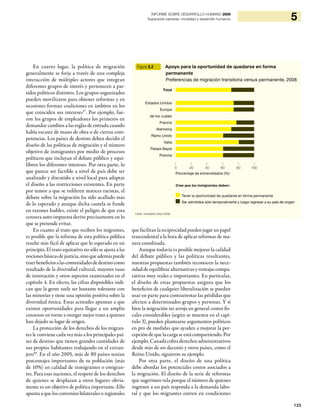 125
5INFORME SOBRE DESARROLLO HUMANO 2009
Superando barreras: movilidad y desarrollo humanos
En cuarto lugar, la política de migración
generalmente se forja a través de una compleja
interacción de múltiples actores que integran
diferentes grupos de interés y pertenecen a par-
tidos políticos distintos. Los grupos organizados
pueden movilizarse para obtener reformas y en
ocasiones forman coaliciones en ámbitos en los
que coinciden sus intereses57
. Por ejemplo, fue-
ron los grupos de empleadores los primeros en
demandar cambios a las reglas de entrada cuando
había escasez de mano de obra o de ciertas com-
petencias. Los países de destino deben decidir el
diseño de las políticas de migración y el número
objetivo de inmigrantes por medio de procesos
políticos que incluyan el debate público y equi-
libren los diferentes intereses. Por otra parte, lo
que parece ser factible a nivel de país debe ser
analizado y discutido a nivel local para adaptar
el diseño a las restricciones existentes. En parte
por temor a que se infiltren matices racistas, el
debate sobre la migración ha sido acallado más
de lo esperado y aunque dicha cautela se funde
en razones loables, existe el peligro de que esta
censura auto-impuesta derive precisamente en lo
que se pretende evitar.
En cuanto al trato que reciben los migrantes,
es posible que la reforma de esta política pública
resulte más fácil de aplicar que lo esperado en un
principio. El trato equitativo no sólo se ajusta a las
nocionesbásicasdejusticia,sinoqueademáspuede
traerbeneficiosalascomunidadesdedestinocomo
resultado de la diversidad cultural, mayores tasas
de innovación y otros aspectos examinados en el
capítulo 4. En efecto, las cifras disponibles indi-
can que la gente suele ser bastante tolerante con
las minorías y tiene una opinión positiva sobre la
diversidad étnica. Estas actitudes apuntan a que
existen oportunidades para llegar a un amplio
consenso en torno a otorgar mejor trato a quienes
han dejado su lugar de origen.
La protección de los derechos de los migran-
tes le conviene cada vez más a los principales paí-
ses de destino que tienen grandes cantidades de
sus propios habitantes trabajando en el extran-
jero58
. En el año 2005, más de 80 países tenían
porcentajes importantes de su población (más
de 10%) en calidad de inmigrantes o emigran-
tes. Para esas naciones, el respeto de los derechos
de quienes se desplazan a otros lugares obvia-
mente es un objetivo de política importante. Ello
apunta a que los convenios bilaterales o regionales
quefacilitanlareciprocidadpuedenjugarunpapel
trascendental a la hora de aplicar reformas de ma-
nera coordinada.
Aunque todavía es posible mejorar la calidad
del debate público y las políticas resultantes,
nuestras propuestas también reconocen la nece-
sidad de equilibrar alternativas y ventajas compa-
rativas muy reales e importantes. En particular,
el diseño de estas propuestas asegura que los
beneficios de cualquier liberalización se puedan
usar en parte para contrarrestar las pérdidas que
afecten a determinados grupos y personas. Y si
bien la migración no arroja en general costos fis-
cales considerables (según se muestra en el capí-
tulo 3), pueden plantearse argumentos políticos
en pro de medidas que ayuden a mejorar la per-
cepción de que la carga se está compartiendo. Por
ejemplo, Canadá cobra derechos administrativos
desde más de un decenio y otros países, como el
Reino Unido, siguieron su ejemplo.
Por otra parte, el diseño de una política
debe abordar los potenciales costos asociados a
la migración. El diseño de la serie de reformas
que sugerimos vela porque el número de quienes
ingresen a un país responda a la demanda labo-
ral y que los migrantes entren en condiciones
Figura 5.2 Apoyo para la oportunidad de quedarse en forma
permanente
Preferencias de migración transitoria versus permanente, 2008
Fuente: Transatlantic Trends (2008).
| | | | | |
0 20 40 60 80 100
Cree que los inmigrantes deben:
Tener la oportunidad de quedarse en forma permanente
Ser admitidos sólo temporalmente y luego regresar a su país de origen
Total
Estados Unidos
Europa
de los cuales
Francia
Alemania
Reino Unido
Italia
Países Bajos
Polonia
Porcentaje de entrevistados (%)
 