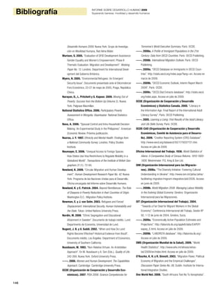 146
Bibliografía INFORME SOBRE DESARROLLO HUMANO 2009
Superando barreras: movilidad y desarrollo humanos
Desarrollo Humano 2009. Nueva York: Grupo de Investiga-
ción en Movilidad Humana, Red Alma Mater.
Murison, S. 2005. “Evaluation of DFID Development Assistance:
Gender Equality and Women’s Empowerment: Phase II
Thematic Evaluation: Migration and Development”. Working
Paper No. 13. Londres: Department for International Devel-
opment del Gobierno Británico.
Myers, N. 2005. “Environmental Refugees: An Emergent
Security Issue”. Documento presentado ante el Décimotercer
Foro Económico, 23-27 de mayo de 2005, Praga, República
Checa.
Narayan, D., L. Pritchett y S. Kapoor. 2009. Moving Out of
Poverty: Success from the Bottom Up (Volume 2). Nueva
York: Palgrave Macmillan.
National Statistics Office. 2006. Participatory Poverty
Assessment in Mongolia. Ulaanbaatar: National Statistics
Office.
Nava, A. 2006. “Spousal Control and Intra-Household Decision
Making: An Experimental Study in the Philippines”. American
Economic Review. Próxima publicación.
Nazroo, J. Y. 1997. Ethnicity and Mental Health: Findings from
a National Community Survey. Londres: Policy Studies
Institute.
Neumayer, E. 2006. “Unequal Access to Foreign Spaces:
How States Use Visa Restrictions to Regulate Mobility in a
Globalized World”. Transactions of the Institute of British Geo-
graphers 31 (1): 72-84.
Newland, K. 2009. “Circular Migration and Human Develop-
ment”. Human Development Research Paper No. 42. Nueva
York: Programa de las Naciones Unidas para el Desarrollo,
Oficina encargada del Informe sobre Desarrollo Humano.
Newland, K. y E. Patrick. 2004. Beyond Remittances: The Role
of Diaspora in Poverty Reduction in their Countries of Origin.
Washington D.C.: Migration Policy Institute.
Newman, E. y J. van Selm. 2003. Refugees and Forced
Displacement: International Security, Human Vulnerability and
the State. Tokyo: United Nations University Press.
Nordin, M. 2006. “Ethnic Segregation and Educational
Attainment in Sweden”. Documento de trabajo inédito. Lund:
Departmento de Economía, Universidad de Lund.
Nugent, J. B. y V. Saddi. 2002. “When and How Do Land
Rights Become Effective? Historical Evidence from Brazil”.
Documento inédito. Los Ángeles: Department of Economics,
University of Southern California.
Nussbaum, M. 1993. “Non-Relative Virtues: An Aristotelian
Approach”. En M. Nussbaum y A. Sen (Eds.), Quality of Life:
242-269. Nueva York: Oxford University Press.
-----. 2000. Women and Human Development: The Capabilities
Approach. Cambridge: Cambridge University Press.
OCDE (Organización de Cooperación y Desarrollo Eco-
nómicos). 2007. PISA 2006: Science Competencies for
Tomorrow’s World Executive Summary. París: OCDE.
-----. 2008a. A Profile of Immigrant Populations in the 21st
Century: Data from OECD Countries. París: OECD Publishing.
-----. 2008b. International Migration Outlook. París: OECD
Publishing.
-----. 2009a. “OECD Database on Immigrants in OECD Coun-
tries”. http://stats.oecd.org/index.aspx?lang=en. Acceso en
marzo de 2009.
-----. 2009b. “OECD Economic Outlook, Interim Report March
2009”. París: OCDE.
-----. 2009c. “OECD.Stat Extracts database”. http://stats.oecd.
org/index.aspx. Acceso en julio de 2009.
OCDE (Organización de Cooperación y Desarrollo
Económicos) y Statistics Canada. 2000. “Literacy in
the Information Age: Final Report of the International Adult
Literacy Survey”. París: OECD Publishing.
-----. 2005. Learning a Living: First Results of the Adult Literacy
and Life Skills Survey. París: OCDE.
OCDE-CAD (Organización de Cooperación y Desarrollo
Económicos, Comité de Asistencia para el Desarro-
llo). 2009. “Creditor Reporting System (CRS) Database”.
http://www.oecd.org/dataoecd/50/17/5037721.htm.
Acceso en julio de 2009.
Oficina Internacional del Trabajo. 1936. World Statistics of
Aliens: A Comparative Study of Census Returns, 1910-1920-
1930. Westminster: P.S. King & Son Ltd.
OIM (Organización Internacional para las Migracio-
nes). 2008a. “The Diversity Initiative: Fostering Cultural
Understanding in Ukraine”. http://www.iom.int/jahia/Jahia/
facilitating-migration/migrant-integration/pid/2026. Acceso
en junio de 2009.
-----. 2008b. World Migration 2008: Managing Labour Mobility
in the Evolving Global Economy. Ginebra: Organización
Internacional para las Migraciones.
OIT (Organización Internacional del Trabajo). 2004.
“Towards a Fair Deal for Migrant Workers in the Global
Economy”. Conferencia Internacional del Trabajo, Sesión Nº
92, 1-12 de junio de 2004, Ginebra, Suiza.
-----. 2009a. “Economically Active Population Estimates and
Projections”. http://laborsta.ilo.org/applv8/data/EAPEP/
eapep_E.html. Acceso en julio de 2009.
-----. 2009b. “LABORSTA database”. http://laborsta.ilo.org/.
Acceso en julio de 2009.
OMS (Organización Mundial de la Salud). 2009. “World
Health Statistics”. http://www.who.int/whosis/whos-
tat/2009/en/index.html. Acceso en julio de 2009.
O’Rourke, K. H. y R. Sinnott. 2003. “Migration Flows: Political
Economy of Migration and the Empirical Challenges”.
Discussion Paper Series No. 06. Dublín: Institute for Interna-
tional Integration Studies.
One World Net. 2008. “South Africans Text No To Xenophobia”.
 