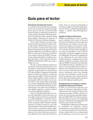 217217
Guía para el lector
INFORME SOBRE DESARROLLO HUMANO 2009
Superando barreras: movilidad y desarrollo humanos
Indicadores del desarrollo humano
Los indicadores del desarrollo humano propor-
cionan una evaluación de los logros alcanzados
por los países en distintas áreas del desarrollo
humano. Donde las condiciones lo permiten, los
cuadros incluyen datos de los 192 estados miem-
bros de las Naciones Unidas, además de Hong
Kong (Región Administrativa Especial de
China) y los Territorios Palestinos Ocupados.
En los cuadros, los países y las zonas se clasi-
fican de acuerdo con el valor de su índice de de-
sarrollo humano (IDH). Para localizar un país
en estos cuadros, consulte la Clave de países que
figura en la contratapa, donde aparecen los países
por orden alfabético con su clasificación según el
IDH. La mayoría de los datos que se presentan
en los cuadros se refieren al año 2007 y son aque-
llos que estaban disponibles en la Oficina encar-
gada del Informe sobre Desarrollo Humano
(HDRO) el 10 de junio de 2009, a menos que se
indique otra cosa.
Este año, el Anexo estadístico comienza con
una serie de cuadros denominados de la A a la F,
vinculados con el principal tema del informe: la
migración. Luego le siguen los cuadros de la G a
la K sobre los índices compuestos de desarrollo
humano: el IDH y sus tendencias, el índice de
pobreza humana (IPH), el índice de desarrollo
relativo al género (IDG) y el índice de potencia-
ción de género (IPG). Por último, hay tres cua-
dros, de la L a la N, sobre tendencias demográfi-
cas, economía y desigualdad y educación y salud.
Una selección adicional de indicadores de desa-
rrollo humano, entre ellos series cronológicas y
cifras globales regionales, se podrán encontrar
en: www.hdr.undp.org/es/estadisticas.
Todos los indicadores publicados en los cua-
dros están disponibles en forma electrónica y sin
costo alguno en diversos formatos: por separado,
en cuadros predefinidos o a través de una herra-
mienta de consulta que permite a los usuarios
diseñar sus propios cuadros. También se pueden
encontrar los medios interactivos, entre ellos
mapasdetodoslosíndicesdedesarrollohumano,
y diversos datos y animaciones sobre la migra-
ción. Se dispone además de material descriptivo
adicional como hojas informativas por país y
otros detalles técnicos sobre cómo calcular los
índices. Todo este material está disponible en
tres idiomas: inglés (en http://hdr.undp.org/en/
statistics), francés (en http://hdr.undp.org/fr/sta-
tistiques) y español: (http://hdr.undp.org/es/
estadisticas).
Fuentes de datos y definiciones
HDRO es principalmente usuaria, no produc-
tora de estadísticas. Por lo tanto, se basa en la
información facilitada por diversos organismos
internacionales con mandato, recursos y expe-
riencia para recopilar y procesar datos interna-
cionales sobre indicadores estadísticos específi-
cos. Las fuentes de todos los datos utilizados en
los cuadros de indicadores se citan al final de
cada cuadro y la referencia completa se encuentra
en la Bibliografía. Para permitir la reproducción
de esta información, las notas sobre la fuente
también detallan los componentes de los datos
originales utilizados en cualquier cálculo reali-
zado por HDRO. Cuando para los indicadores
existen definiciones breves y significativas, se in-
cluyen en la sección Definiciones de términos es-
tadísticos. Otra información pertinente se pre-
senta en las notas al final de cada cuadro. Para
conocer información técnica más detallada
acerca de estos indicadores, consulte los sitios
web de los organismos que sirvieron de fuente
para los datos, cuyos enlaces pueden encontrarse
en www.hdr.undp.org/es/estadisticas/nt1.
Comparaciones en el tiempo y a través
de distintas ediciones del informe
El IDH es una herramienta importante para
analizar las tendencias a largo plazo en el desa-
rrollo humano. Para facilitar el análisis de las
tendencias entre países, el IDH se calcula en in-
tervalos de cinco años para el período compren-
dido entre 1980 y 2007. Estos cálculos, presenta-
dosenelCuadroG,sebasanenuna metodología
coherente utilizando los datos disponibles en el
momento en que se elabora el informe.
A medida que los organismos internacionales
de recopilación de estadísticas mejoran
constantemente su serie de datos, lo que incluye
la actualización periódica de datos históricos,
más que cambios efectivos en un determinado
país, las diferencias a través de los años en los
Guía para el lector
 