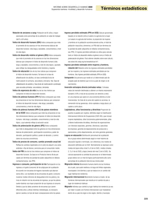 225
Statistical termsINFORME SOBRE DESARROLLO HUMANO 2009
Superando barreras: movilidad y desarrollo humanos
225
Términos estadísticos
INFORME SOBRE DESARROLLO HUMANO 2009
Superando barreras: movilidad y desarrollo humanos
Relación de ancianos a cargo Población de 65 años y mayor
expresada como porcentaje de la población en edad de trabajar
(de15 a 64 años).
Índice de desarrollo humano (IDH) Índice compuesto que mide
el promedio de los avances en tres dimensiones básicas del
desarrollo humano: vida larga y saludable, conocimientos y nivel
de vida digno.
Índice de desarrollo relativo al género (IDG) Índice compuesto
que mide el promedio de los avances en las tres dimensiones
básicas que componen el índice de desarrollo humano (vida
larga y saludable, conocimientos y nivel de vida digno), ajustado
para reflejar las desigualdades entre hombres y mujeres.
Índice de educación Uno de los tres índices que componen
el índice de desarrollo humano. Se basa en la tasa de
alfabetización de adultos y la tasa combinada bruta de
matriculación en primaria, secundaria y terciaria. Vea Tasa de
alfabetización de adultos y Tasa bruta de matriculación combinada
para escuelas primarias, secundarias y terciarias.
Índice de esperanza de vida Uno de los tres índices que
componen el índice de desarrollo humano.
Índice de pobreza humana (IPH-1) Índice compuesto que mide
las privaciones en las tres dimensiones básicas que componen
el índice de desarrollo humano: vida larga y saludable,
conocimientos y nivel de vida digno.
Índice de pobreza humana (IPH-2) de países miembros
de la OCDE Índice compuesto que mide las privaciones en las
tres dimensiones básicas que componen el índice de desarrollo
humano: vida larga y saludable, conocimientos y nivel de vida
digno, y que además refleja la exclusión social.
Índice de potenciación de género (IPG) Índice compuesto
que mide la desigualdad entre los géneros en tres dimensiones
básicas de potenciación: participación económica y poder de
decisión; participación política y poder de decisión; y control
sobre los recursos económicos.
Índice de precios de consumo, cambio promedio anual del
Refleja los cambios registrados en el costo de adquirir una cesta
estándar o fija de bienes y servicios para el consumidor medio.
Índice del PIB Uno de los tres índices que componen el índice de
desarrollo humano. Se basa en el Producto Interno Bruto per
cápita (en términos de paridad de poder adquisitivo en dólares
norteamericanos; vea PPA).
Ingresos o consumo, participación en los Participación en los
ingresos o el gasto (consumo) de los subgrupos de la población
de acuerdo con encuestas de hogares nacionales que abarcan
varios años. Los resultados de las encuestas de gasto o consumo
muestran niveles inferiores de desigualdad entre los pobres y los
ricos en relación con las encuestas de ingresos, ya que los pobres
suelen destinar una mayor proporción de sus ingresos al consumo.
Debido a que los datos provienen de encuestas que cubren
diferentes años y utilizan distintas metodologías, es necesario
ejercer cautela a la hora de hacer comparaciones entre los países.
Ingreso percibido estimado (PPA en US$) Cálculo aproximado
basado en la relación entre el salario no agrícola de la mujer
y el salario no agrícola del hombre, la proporción de mujeres
y hombres en la población económicamente activa, el total de
población masculina y femenina y el PIB total (en términos de
la paridad de poder adquisitivo en dólares norteamericanos,
vea PPA). El ingreso percibido estimado se utiliza para calcular
tanto el Índice de desarrollo relativo al género como el Índice de
potenciación de género. Para obtener detalles sobre este cálculo,
vea www.hdr.undp.org/es/estadisticas/nt1.
Ingreso percibido estimado entre mujeres y hombres,
relación del Relación entre los ingresos estimados percibidos
por las mujeres y los ingresos estimados percibidos por los
hombres. Vea Ingreso percibido estimado (PPA en US$).
Inmigrante Una persona que reside en un determinado país de
acogida (país de destino) que no es su país de origen (o de
nacimiento).
Inversión extranjera directa (entradas netas) Entradas
netas de inversión destinadas a obtener un interés empresarial
duradero (10% o más de las acciones con derecho a voto)
en una empresa que opere en una economía distinta a la del
inversionista. Se trata de la suma del capital en acciones, la
reinversión de las ganancias, otros capitales a largo plazo y el
capital a corto plazo.
Legisladoras, altas funcionarias y directivas Proporción de
puestos ocupados por mujeres, definidos según la Clasificación
Internacional Uniforme de Ocupaciones (CIUO-88) y que incluye
mujeres legisladoras, altas funcionarias gubernamentales, jefas
y líderes tradicionales de aldeas, directivas de organizaciones
con intereses especiales, gerentes, directoras y ejecutivas
de empresas, gerentes de departamentos de producción y
operaciones y otros departamentos, así como gerentes generales.
Logros en educación Distribución porcentual de la población
de un grupo etáreo determinado según el nivel máximo de
educación logrado o terminado, con referencia a los niveles de
educación definidos por la CIUE. Normalmente se expresan como
niveles de logros altos (nivel 5 y 6 de la CIUE), medios (niveles
2, 3 y 4 de la CIUE) y bajos (menos del nivel 2 de la CIUE). Se
calcula expresando la cantidad de personas en el determinado
grupo etáreo con un nivel de logros particularmente alto como
porcentaje de la población total de esa misma edad.
Migración interna Movimiento humano dentro de las fronteras
de un país, que suele medirse a lo largo de límites regionales,
municipales o de distritos y que se traduce en un cambio del
lugar habitual de residencia.
Migración internacional Movimiento humano a través de las
fronteras internacionales que resulta en el cambio de país o
lugar de residencia habitual.
Migrante Individuo que cambió su lugar habitual de residencia ya sea
por haber cruzado una frontera internacional o por trasladarse
dentro de su país de origen a otra región, distrito o municipio.
 