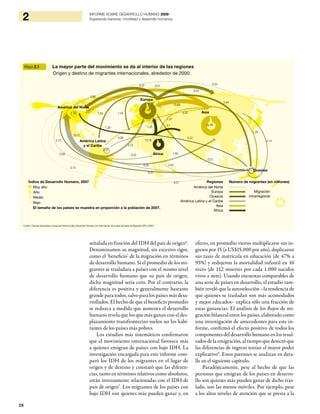 26
2 INFORME SOBRE DESARROLLO HUMANO 2009
Superando barreras: movilidad y desarrollo humanos
señalada en función del IDH del país de origen6
.
Denominamos su magnitud, sin excesivo rigor,
como el ‘beneficio’ de la migración en términos
de desarrollo humano. Si el promedio de los mi-
grantes se trasladara a países con el mismo nivel
de desarrollo humano que su país de origen,
dicha magnitud sería cero. Por el contrario, la
diferencia es positiva y generalmente bastante
grande para todos, salvo para los países más desa-
rrollados. El hecho de que el beneficio promedio
se reduzca a medida que aumenta el desarrollo
humano revela que los que más ganan con el des-
plazamiento transfronterizo suelen ser los habi-
tantes de los países más pobres.
Los estudios más sistemáticos confirmaron
que el movimiento internacional favorece más
a quienes emigran de países con bajo IDH. La
investigación encargada para este informe com-
paró los IDH de los migrantes en el lugar de
origen y de destino y constató que las diferen-
cias, tanto en términos relativos como absolutos,
están inversamente relacionadas con el IDH de
país de origen7
. Los migrantes de los países con
bajo IDH son quienes más pueden ganar y, en
efecto, en promedio vieron multiplicarse sus in-
gresos por 15 (a US$15.000 por año), duplicaron
sus tasas de matrícula en educación (de 47% a
95%) y redujeron la mortalidad infantil en 16
veces (de 112 muertes por cada 1.000 nacidos
vivos a siete). Usando encuestas comparables de
una serie de países en desarrollo, el estudio tam-
bién reveló que la autoselección –la tendencia de
que quienes se trasladan son más acomodados
y mejor educados– explica sólo una fracción de
estas ganancias. El análisis de los flujos de mi-
gración bilateral entre los países, elaborado como
una investigación de antecedentes para este in-
forme, confirmó el efecto positivo de todos los
componentes del desarrollo humano en los resul-
tados de la emigración, al tiempo que detectó que
las diferencias de ingreso tenían el mayor poder
explicativo8
. Estos patrones se analizan en deta-
lle en el siguiente capítulo.
Paradójicamente, pese al hecho de que las
personas que emigran de los países en desarro-
llo son quienes más pueden ganar de dicho tras-
lado, son las menos móviles. Por ejemplo, pese
a los altos niveles de atención que se presta a la
Mapa 2.1 La mayor parte del movimiento se da al interior de las regiones
Origen y destino de migrantes internacionales, alrededor de 2000.
Fuente: Cálculos del equipo a cargo del Informe sobre Desarrollo Humano con información de la base de datos de Migration DRC (2007).
Índice de Desarrollo Humano, 2007
Muy alto
Alto
Medio
Bajo
El tamaño de los países se muestra en proporción a la población de 2007.
Regiones Número de migrantes (en millones)
América del Norte
Europa
Oceanía
América Latina y el Caribe
Asia
África
Migración
intrarregional
Europa
Asia
Oceanía
África
América Latina
y el Caribe
América del Norte
0,01
0,02
0,31
0,25
0,13
0,08
0,75
0,35
0,30
19,72
1,33 1,34
15,69
0,35
0,06
2,44
0,14
0,73
13,18
35,49
1,29
0,53
8,53
9,578,22
1,65
0,22
7,25
3,13
1,30
3,54
31,52
0,84
1,07
3,1
1,24
 