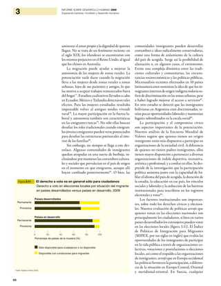 68
3 INFORME SOBRE DESARROLLO HUMANO 2009
Superando barreras: movilidad y desarrollo humanos
aminorar el amor propio y la dignidad de quienes
llegan. No se trata de un fenómeno reciente: en
el siglo XIX, los irlandeses se encontraron con
los mismos prejuicios en el Reino Unido, al igual
que los chinos en Australia.
La migración puede ayudar a mejorar la
autonomía de las mujeres de zonas rurales. La
potenciación suele darse cuando la migración
lleva a las mujeres desde zonas rurales a zonas
urbanas, lejos de sus parientes y amigos, lo que
las motiva a aceptar trabajos remunerados fuera
del hogar77
. Estudios cualitativos llevados a cabo
en Ecuador, México y Tailandia detectaron tales
efectos. Para las mujeres estudiadas resultaba
impensable volver al antiguo modus vivendi
rural78
. La mayor participación en la fuerza la-
boral y autonomía también son características
en las emigrantes turcas79
. No sólo ellas buscan
desafiar los roles tradicionales cuando emigran:
los jóvenes emigrantes pueden verse potenciados
para desafiar las estructuras patriarcales al inte-
rior de las familias80
.
Sin embargo, no siempre se llega a este des-
enlace. Algunas comunidades de inmigrantes
quedan atrapadas en una suerte de burbuja, in-
clinándose por mantener las costumbres cultura-
les y sociales que prevalecían en el país de origen
en el momento en que emigraron, aunque allí
hayan cambiado posteriormente81
. O bien, las
comunidades inmigrantes pueden desarrollar
costumbres e ideas radicalmente conservadoras,
como una forma de aislamiento de la cultura
del país de acogida. Surge así la posibilidad de
alienación o, en algunos casos, el extremismo.
Existe una compleja dinámica entre las tradi-
ciones culturales y comunitarias, las circuns-
tancias socioeconómicas y las políticas públicas.
Microanálisis recientes efectuados en 10 países
latinoamericanos sustentan la idea de que los in-
migrantesinternosdeorigenindígenatodavíasu-
fren de discriminación en las zonas urbanas, pese
a haber logrado mejorar el acceso a servicios82
.
En otro estudio se detectó que las inmigrantes
bolivianas en Argentina eran discriminadas, te-
nían pocas oportunidades laborales y mantenían
lugares subordinados en la escala social83
.
La participación y el compromiso cívico
son aspectos importantes de la potenciación.
Nuestro análisis de la Encuesta Mundial de
Valores sugiere que quienes tienen un origen
inmigrante están más dispuestos a participar en
organizaciones de la sociedad civil. A diferencia
de quienes no tienen padres inmigrantes, ellos
tienen mayor disposición a pertenecer a diversas
organizaciones de índole deportiva, recreativa,
artística y profesional, y a confiar en ellas. Se des-
prende de la investigación que la participación
política aumenta junto con la capacidad de ha-
blar el idioma del país de acogida, la duración de
la estadía, la educación en ese país, los vínculos
sociales y laborales y la reducción de las barreras
institucionales para inscribirse en los registros
electorales y votar84
.
Los factores institucionales son importan-
tes, sobre todo los derechos cívicos y electora-
les. Nuestra evaluación de políticas arrojó que
quienes votan en las elecciones nacionales son
principalmente los ciudadanos, si bien en varios
países desarrollados los extranjeros pueden votar
en las elecciones locales (figura 3.11). El Índice
de Políticas de Integración para Migrantes
(MIPEX, por sus siglas en inglés) que evalúa las
oportunidades de los inmigrantes de participar
en la vida pública a través de organizaciones co-
lectivas, votaciones y postulaciones a elecciones
locales, así como el respaldo a las organizaciones
de inmigrantes, arrojó que en Europa occidental
las políticas favorecen la participación, a diferen-
cia de la situación en Europa Central, Oriental
y meridional-oriental. En Suecia, cualquier
Figura 3.11 El derecho a voto es en general sólo para ciudadanos
Derecho a voto en elecciones locales por situación del migrante
en países desarrollados versus países en desarrollo, 2009
Fuente: Klugman y Pereira (2009).
Porcentaje de países de la muestra (%)
| | | | | |
0 20 40 60 80 100
Permanente
Provisoria
Países desarrollados
Permanente
Provisoria
Países en desarrollo
Sólo disponible para ciudadanos o no disponible
Disponible con condiciones para migrantes
 