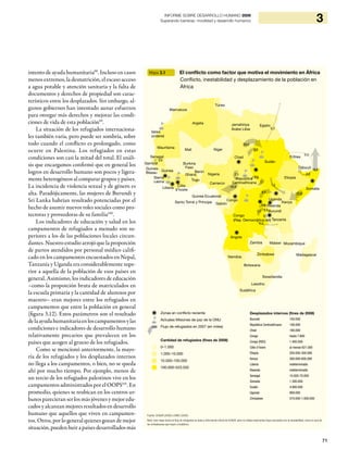 71
3INFORME SOBRE DESARROLLO HUMANO 2009
Superando barreras: movilidad y desarrollo humanos
intento de ayuda humanitaria98
. Incluso en casos
menos extremos, la desnutrición, el escaso acceso
a agua potable y atención sanitaria y la falta de
documentos y derechos de propiedad son carac-
terísticos entre los desplazados. Sin embargo, al-
gunos gobiernos han intentado aunar esfuerzos
para otorgar más derechos y mejorar las condi-
ciones de vida de esta población99
.
La situación de los refugiados internaciona-
les también varía, pero puede ser sombría, sobre
todo cuando el conflicto es prolongado, como
ocurre en Palestina. Los refugiados en estas
condiciones son casi la mitad del total. El análi-
sis que encargamos confirmó que en general los
logros en desarrollo humano son pocos y ligera-
mente heterogéneos al comparar grupos y países.
La incidencia de violencia sexual y de género es
alta. Paradójicamente, las mujeres de Burundi y
Sri Lanka habrían resultado potenciadas por el
hecho de asumir nuevos roles sociales como pro-
tectoras y proveedoras de su familia100
.
Los indicadores de educación y salud en los
campamentos de refugiados a menudo son su-
periores a los de las poblaciones locales circun-
dantes. Nuestro estudio arrojó que la proporción
de partos atendidos por personal médico califi-
cado en los campamentos encuestados en Nepal,
Tanzanía y Uganda era considerablemente supe-
rior a aquella de la población de esos países en
general. Asimismo, los indicadores de educación
–como la proporción bruta de matriculados en
la escuela primaria y la cantidad de alumnos por
maestro– eran mejores entre los refugiados en
campamentos que entre la población en general
(figura 3.12). Estos parámetros son el resultado
delaayudahumanitariaenloscampamentosylas
condiciones e indicadores de desarrollo humano
relativamente precarios que prevalecen en los
países que acogen al grueso de los refugiados.
Como se mencionó anteriormente, la mayo-
ría de los refugiados y los desplazados internos
no llega a los campamentos, o bien, no se queda
ahí por mucho tiempo. Por ejemplo, menos de
un tercio de los refugiados palestinos vive en los
campamentos administrados por el OOPS101
. En
promedio, quienes se reubican en los centros ur-
banos parecieran ser los más jóvenes y mejor edu-
cadosyalcanzanmejoresresultadosendesarrollo
humano que aquellos que viven en campamen-
tos. Otros, por lo general quienes gozan de mejor
situación, pueden huir a países desarrollados más
Mapa 3.1 El conflicto como factor que motiva el movimiento en África
Conflicto, inestabilidad y desplazamiento de la población en
África
Fuente: ACNUR (2008) e IDMC (2008).
Nota: este mapa ilustra el flujo de refugiados en base a información oficial de ACNUR, pero no refleja importantes flujos asociados con la inestabilidad, como el caso de
los zimbabuense que huyen a Sudáfrica.
Zonas en conflicto reciente
Actuales Misiones de paz de la ONU
Flujo de refugiados en 2007 (en miles)
Cantidad de refugiados (fines de 2008)
0–1.000
1.000–10.000
10.000–100.000
100.000–523.032
23,8
Túnez
Jamahiriya
Árabe Libia
Argelia
Malí
Benin
Togo
Ghana
Mauritania
Senegal
Níger
Nigeria
Chad
Congo
Gabón
Guinea Ecuatorial
Santo Tomé y Príncipe
Madagascar
Sudáfrica
Lesotho
Swazilandia
Zimbabwe
Uganda
Kenya
Zambia MozambiqueMalawi
Tanzanía
Burundi
Rwanda
Botswana
Namibia
Angola
Sudán
Congo
(Rep. Democrática del)
Camerún
Guinea
Guinea-
Bissau
Sierra
Leona
Liberia
Côte
d’Ivoire
Burkina
Faso
Marruecos
Sahara
occidental
Egipto
Etiopía
Somalia
Djibouti
Eritrea
República
Centroafricana
16,6
0,6
0,6
20,0
24,9
3,5
2,5
2,7
9,4
2,6
3,7
0,1
Gambia
7,0
0,3
1,2
0,3
23,8
0,3
0,4
Desplazados internos (fines de 2008)
Burundi 100.000
República Centroafricana 108.000
Chad 180.000
Congo hasta 7.800
Congo (RDC) 1.400.000
Côte d’Ivoire al menos 621.000
Etiopía 200.000-300.000
Kenya 300.000-600.000
Liberia indeterminado
Rwanda indeterminado
Senegal 10.000-70.000
Somalia 1.300.000
Sudán 4.900.000
Uganda 869.000
Zimbabwe 570.000-1.000.000
GambiaGambiaGambiaGambiaGambia
 