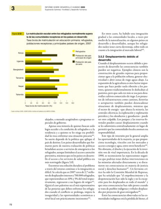 72
3 INFORME SOBRE DESARROLLO HUMANO 2009
Superando barreras: movilidad y desarrollo humanos
alejados, a menudo acogiéndose a programas es-
peciales de gobierno.
Apenas una minoría de quienes buscan asilo
logra acceder a la condición de refugiados o a la
residencia y a quienes se les niega esa posibili-
dad les toca enfrentar una situación precaria102
.
Su suerte depende de la política que aplique el
país de destino. Los países desarrollados que for-
maron parte de nuestra evaluación de políticas
brindaban acceso a servicios de emergencia a los
refugiados,aunquelimitabanelaccesoaatención
preventiva, mientras que en los países en desarro-
llo el acceso a los servicios de salud pública era
más restringido (figura 3.8).
Encontrar una solución duradera al problema
a través del retorno continuo o la integración es
difícil. Se calcula que en 2007 cerca de 2,7 millo-
nesdedesplazadosinternosy700.000refugiados,
que representaban un 10% y 5% del total respec-
tivamente, regresaron a sus lugares de origen103
.
Quizá el caso palestino sea el más representativo
de las penurias que deben enfrentar los refugia-
dos cuando el conflicto se prolonga, impera la
inseguridad y las oportunidades económicas a
nivel local son prácticamente inexistentes104
.
En otros casos, ha habido una integración
gradual a las comunidades locales, a veces por
medio de la naturalización, en algunos países en
desarrollo y desarrollados, aunque los refugia-
dos suelen tener cierta desventaja, sobre todo en
cuanto a la integración al mercado laboral105
.
3.5.2 Desplazamiento debido al
desarrollo
Cuando el desplazamiento ocurre debido a pro-
yectos de desarrollo las consecuencias también
pueden ser negativas. Ejemplos clásicos son la
construcción de grandes represas para propor-
cionar agua a la población urbana, generar elec-
tricidad o abrir zonas de riego aguas abajo. La
expansión de la agricultura es otro factor impor-
tante que hace perder suelo ribereño a los pas-
tores, quienes tradicionalmente lo dedicaban al
pastoreo, pero que cada vez más se usa para desa-
rrollar cultivos comerciales de riego. Los proyec-
tos de infraestructura como caminos, ferrovías
o aeropuertos también pueden desencadenar
situaciones de desplazamiento, mientras que
el sector de energía –que abarca la minería, las
centrales eléctricas, la exploración y explotación
petrolera y los oleoductos y gasoductos– puede
ser otro culpable. Los parques y las reservas fo-
restales pueden causar desplazamiento cuando
se les administra centralizadamente en lugar de
permitir que las comunidades locales asuman esa
responsabilidad.
Este tipo de inversión por lo general amplía
las oportunidades de la mayoría, ya que propor-
ciona tecnología, vínculos con los mercados y
acceso a energía y agua, entre otros beneficios106
.
No obstante, el diseño y la ejecución de la inver-
sión son de vital importancia. En la década de
1990, se reconocieron las repercusiones negati-
vas que podrían tener dichas intervenciones en
las minorías afectadas directamente y se discu-
tieron sus consecuencias en materia de justicia
social y derechos humanos107
. Un ferviente crí-
tico ha sido la Comisión Mundial de Represas,
que ha señalado que “el empobrecimiento y la
despotenciación han sido la regla y no la excep-
ción para los desplazados en todo el mundo” y
que estas consecuencias han sido peores cuando
se trata de pueblos indígenas y tribales desplaza-
dos por proyectos de gran envergadura108
.
Entre las consecuencias observadas en las co-
munidades indígenas está la pérdida de bienes, el
Figura 3.12 La matriculación escolar entre los refugiados normalmente supera
la de las comunidades receptoras en los países en desarrollo
Tasa bruta de matriculación en educación primaria: refugiados,
poblaciones receptoras y principales países de origen, 2007
Fuente: de Bruijn (2009), ACNUR (2008) e Instituto de Estadística de la UNESCO (2008b).
Tasa bruta de matriculación (%)
| | | | | | | | |
0 20 40 60 80 100 120 140 160
Kenya
Uganda
Bangladesh
Tanzanía
Nepal
Tailandia
Refugiados
Población del país
principal de origen
Población del país
de asilo
 