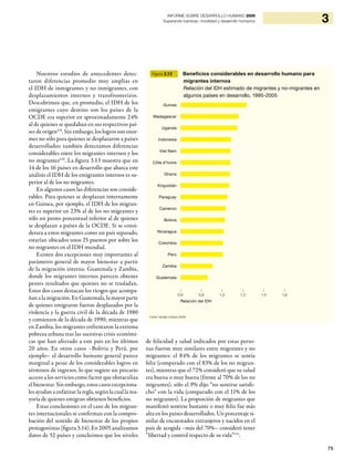 75
3INFORME SOBRE DESARROLLO HUMANO 2009
Superando barreras: movilidad y desarrollo humanos
Nuestros estudios de antecedentes detec-
taron diferencias promedio muy amplias en
el IDH de inmigrantes y no inmigrantes, con
desplazamientos internos y transfronterizos.
Descubrimos que, en promedio, el IDH de los
emigrantes cuyo destino son los países de la
OCDE era superior en aproximadamente 24%
al de quienes se quedaban en sus respectivos paí-
ses de origen119
. Sin embargo, los logros son enor-
mes no sólo para quienes se desplazaron a países
desarrollados: también detectamos diferencias
considerables entre los migrantes internos y los
no migrantes120
. La figura 3.13 muestra que en
14 de los 16 países en desarrollo que abarca este
análisis el IDH de los emigrantes internos es su-
perior al de los no migrantes.
En algunos casos las diferencias son conside-
rables. Para quienes se desplazan internamente
en Guinea, por ejemplo, el IDH de los migran-
tes es superior en 23% al de los no migrantes y
sólo un punto porcentual inferior al de quienes
se desplazan a países de la OCDE. Si se consi-
derara a estos migrantes como un país separado,
estarían ubicados unos 25 puestos por sobre los
no migrantes en el IDH mundial.
Existen dos excepciones muy importantes al
parámetro general de mayor bienestar a partir
de la migración interna: Guatemala y Zambia,
donde los migrantes internos parecen obtener
peores resultados que quienes no se trasladan.
Estos dos casos destacan los riesgos que acompa-
ñan a la migración. En Guatemala, la mayor parte
de quienes emigraron fueron desplazados por la
violencia y la guerra civil de la década de 1980
y comienzos de la década de 1990; mientras que
en Zambia, los migrantes enfrentaron la extrema
pobreza urbana tras las sucesivas crisis económi-
cas que han afectado a este país en los últimos
20 años. En otros casos –Bolivia y Perú, por
ejemplo– el desarrollo humano general parece
marginal a pesar de los considerables logros en
términos de ingresos, lo que sugiere un precario
acceso a los servicios como factor que obstaculiza
el bienestar. Sin embargo, estos casos excepciona-
les ayudan a enfatizar la regla, según la cual la ma-
yoría de quienes emigran obtienen beneficios.
Estas conclusiones en el caso de los migran-
tes internacionales se confirman con la compro-
bación del sentido de bienestar de los propios
protagonistas (figura 3.14). En 2005 analizamos
datos de 52 países y concluimos que los niveles
de felicidad y salud indicados por estas perso-
nas fueron muy similares entre migrantes y no
migrantes: el 84% de los migrantes se sentía
feliz (comparado con el 83% de los no migran-
tes), mientras que el 72% consideró que su salud
era buena o muy buena (frente al 70% de los no
migrantes); sólo el 9% dijo “no sentirse satisfe-
cho” con la vida (comparado con el 11% de los
no migrantes). La proporción de migrantes que
manifestó sentirse bastante o muy feliz fue más
alta en los países desarrollados. Un porcentaje si-
milar de encuestados extranjeros y nacidos en el
país de acogida –más del 70%– consideró tener
“libertad y control respecto de su vida”121
.
Figura 3.13 Beneficios considerables en desarrollo humano para
migrantes internos
Relación del IDH estimado de migrantes y no-migrantes en
algunos países en desarrollo, 1995-2005
Relación del IDH
| | | | | |
0,6 0,8 1,0 1,2 1,4 1,6
Fuente: Harttgen y Klasen (2009).
Guinea
Madagascar
Uganda
Indonesia
Viet Nam
Côte d’Ivoire
Ghana
Kirguistán
Paraguay
Camerún
Bolivia
Nicaragua
Colombia
Perú
Zambia
Guatemala
 