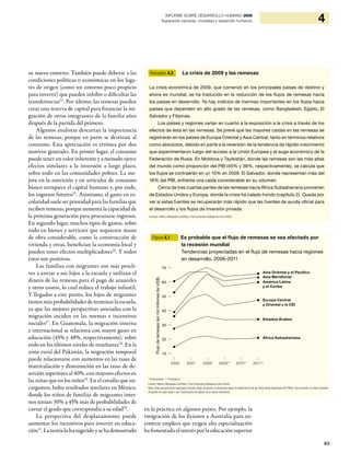 83
4INFORME SOBRE DESARROLLO HUMANO 2009
Superando barreras: movilidad y desarrollo humanos
su nuevo entorno. También puede deberse a las
condiciones políticas o económicas en los luga-
res de origen (como un entorno poco propicio
para invertir) que pueden inhibir o dificultar las
transferencias24
. Por último, las remesas pueden
crear una reserva de capital para financiar la mi-
gración de otros integrantes de la familia años
después de la partida del primero.
Algunos analistas descartan la importancia
de las remesas, porque en parte se destinan al
consumo. Esta apreciación es errónea por dos
motivos generales. En primer lugar, el consumo
puede tener un valor inherente y a menudo ejerce
efectos similares a la inversión a largo plazo,
sobre todo en las comunidades pobres. La me-
jora en la nutrición y en artículos de consumo
básico enriquece el capital humano y, por ende,
los ingresos futuros25
. Asimismo, el gasto en es-
colaridad suele ser prioridad para las familias que
reciben remesas, porque aumenta la capacidad de
la próxima generación para procurarse ingresos.
En segundo lugar, muchos tipos de gastos, sobre
todo en bienes y servicios que requieren mano
de obra considerable, como la construcción de
vivienda y otras, benefician la economía local y
pueden tener efectos multiplicadores26
. Y todos
éstos son positivos.
Las familias con migrantes son más procli-
ves a enviar a sus hijos a la escuela y utilizan el
dinero de las remesas para el pago de aranceles
y otros costos, lo cual reduce el trabajo infantil.
Y llegados a este punto, los hijos de migrantes
tienenmásprobabilidadesde terminarlaescuela,
ya que las mejores perspectivas asociadas con la
migración inciden en las normas e incentivos
sociales27
. En Guatemala, la migración interna
e internacional se relaciona con mayor gasto en
educación (45% y 48%, respectivamente), sobre
todo en los últimos niveles de enseñanza28
. En la
zona rural del Pakistán, la migración temporal
puede relacionarse con aumentos en las tasas de
matriculación y disminución en las tasas de de-
serciónsuperioresal40%,con mayoresefectosen
las niñas que en los niños29
. En el estudio que en-
cargamos, hubo resultados similares en México,
donde los niños de familias de migrantes inter-
nos tenían 30% a 45% más de probabilidades de
cursar el grado que correspondía a su edad30
.
La perspectiva del desplazamiento puede
aumentar los incentivos para invertir en educa-
ción31
.Lateoríalohasugeridoysehademostrado
en la práctica en algunos países. Por ejemplo, la
emigración de los fiyianos a Australia para en-
contrar empleos que exigen alta especialización
ha fomentado el interés por la educación superior
Recuadro 4.2 La crisis de 2009 y las remesas
La crisis económica de 2009, que comenzó en los principales países de destino y
ahora es mundial, se ha traducido en la reducción de los flujos de remesas hacia
los países en desarrollo. Ya hay indicios de mermas importantes en los flujos hacia
países que dependen en alto grado de las remesas, como Bangladesh, Egipto, El
Salvador y Filipinas.
Los países y regiones varían en cuanto a la exposición a la crisis a través de los
efectos de ésta en las remesas. Se prevé que las mayores caídas en las remesas se
registrarán en los países de Europa Oriental y Asia Central, tanto en términos relativos
como absolutos, debido en parte a la reversión de la tendencia de rápido crecimiento
que experimentaron luego del acceso a la Unión Europea y el auge económico de la
Federación de Rusia. En Moldova y Tayikistán, donde las remesas son las más altas
del mundo como proporción del PIB (45% y 38%, respectivamente), se calcula que
los flujos se contraerán en un 10% en 2009. El Salvador, donde representan más del
18% del PIB, enfrenta una caída considerable en su volumen.
Cerca de tres cuartas partes de las remesas hacia África Subsahariana provienen
de Estados Unidos y Europa, donde la crisis ha calado hondo (capítulo 2). Queda por
ver si estas fuentes se recuperarán más rápido que las fuentes de ayuda oficial para
el desarrollo y los flujos de inversión privada.
Fuentes: Ratha y Mohapatra (2009b) y The Economist Intelligence Unit (2009).
Figura 4.1 Es probable que el flujo de remesas se vea afectado por
la recesión mundial
Tendencias proyectadas en el flujo de remesas hacia regiones
en desarrollo, 2006-2011
Asia Oriental y el Pacífico
Asia Meridional
América Latina
y el Caribe
Europa Central
y Oriental y la CEI
Estados Árabes
África Subsahariana
| | | | | |
2006 2007 2008* 2009** 2010** 2011**
70
60
50
40
30
20
10
Flujoderemesas(enmilmillonesdeUS$)
* Estimaciones ** Pronósticos
Fuente: Ratha y Mohapatra (2009b) y The Economist Intelligence Unit (2009).
Nota: Estas agrupaciones regionales incluyen todos los países en desarrollo según la clasificación de las Direcciones Regionales del PNUD. Para acceder a la lista completa
de países en cada región, vea ‘Clasificación de países’ en el Anexo estadístico.
 