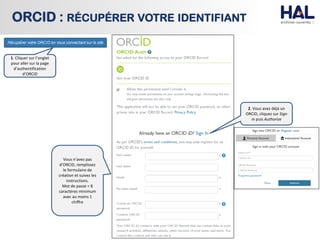 ORCID : RÉCUPÉRER VOTRE IDENTIFIANT
1. Cliquer sur l’onglet
pour aller sur la page
d’authentification
d’ORCID
2. Vous avez déjà un
ORCID, cliquez sur Sign
in puis Authorize
Vous n’avez pas
d’ORCID, remplissez
le formulaire de
création et suivez les
instructions.
Mot de passe = 8
caractères minimum
avec au moins 1
chiffre
 