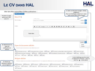 9
LE CV DANS HAL
Aller dans Mon espace/Mon CV/Mes publications :
1. Saisir un titre pour la page : champ
obligatoire
Pour un CV bilingue, cliquer sur + pour
saisir le titre dans l’autre langue
Texte libre
3. Choisir les
éléments à afficher
puis enregistrer
2. Sélectionner les
types de
publications à
afficher
L’ordre d’affichage peut être choisi
en déplaçant les éléments : placer la
souris sur et faire glisser
Visualiser la page
après avoir créé
votre CV
 