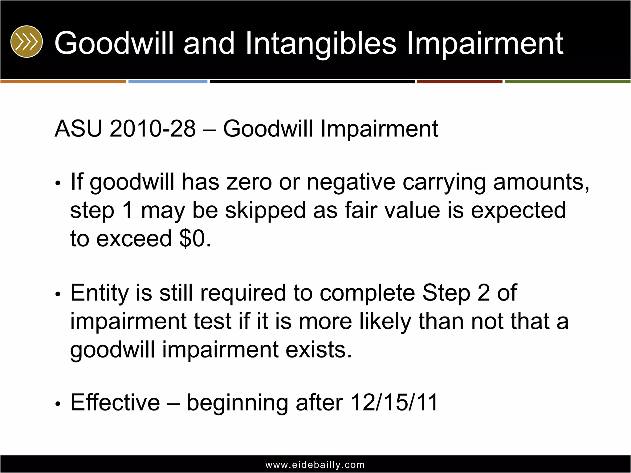 Goodwill and Intangibles Impairment
ASU 2010-28 – Goodwill Impairment
•

If goodwill has zero or negative carrying amounts,
step 1 may be skipped as fair value is expected
to exceed $0.

•

Entity is still required to complete Step 2 of
impairment test if it is more likely than not that a
goodwill impairment exists.

•

Effective – beginning after 12/15/11
www.eidebai lly.com

 
