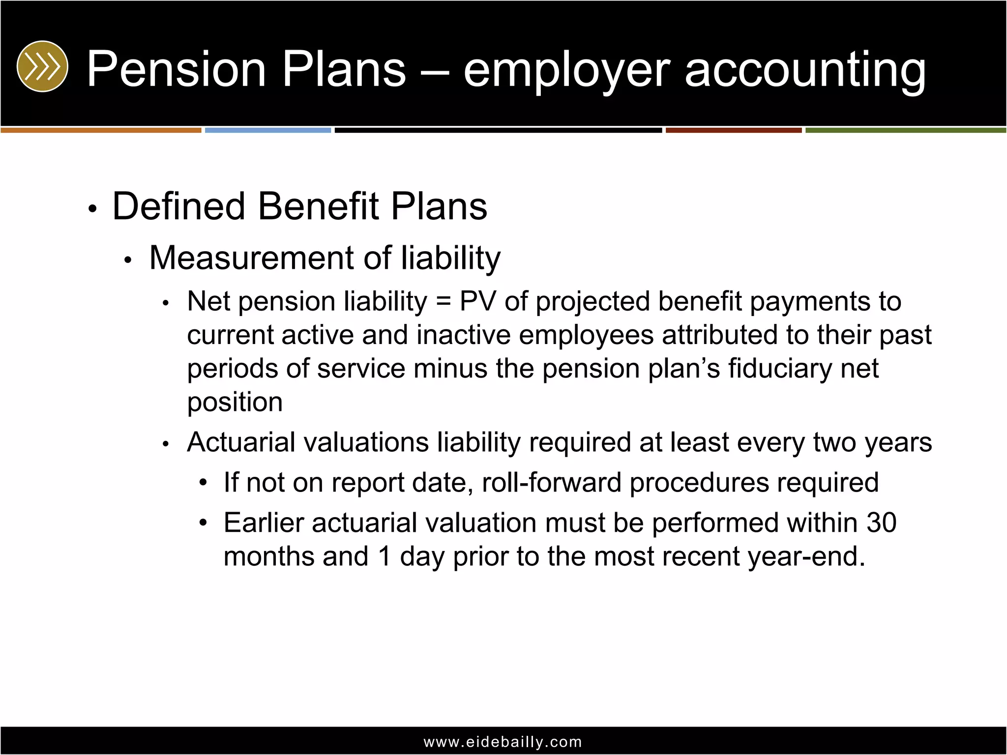 Pension Plans – employer accounting
•

Defined Benefit Plans
•

Measurement of liability
•

•

Net pension liability = PV of projected benefit payments to
current active and inactive employees attributed to their past
periods of service minus the pension plan’s fiduciary net
position
Actuarial valuations liability required at least every two years
• If not on report date, roll-forward procedures required
• Earlier actuarial valuation must be performed within 30
months and 1 day prior to the most recent year-end.

www.eidebai lly.com

 