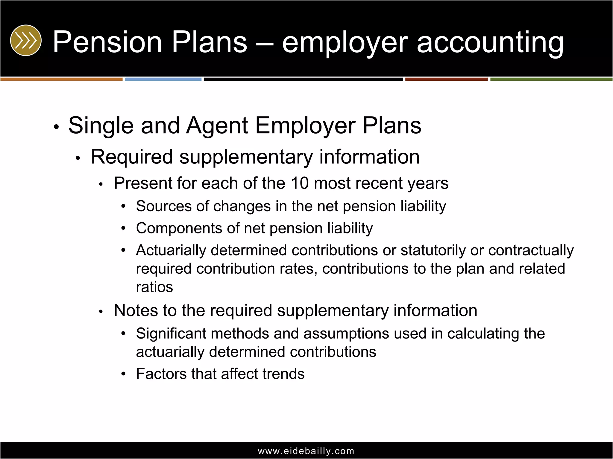 Pension Plans – employer accounting
•

Single and Agent Employer Plans
•

Required supplementary information
•

Present for each of the 10 most recent years
• Sources of changes in the net pension liability
• Components of net pension liability
• Actuarially determined contributions or statutorily or contractually
required contribution rates, contributions to the plan and related
ratios

•

Notes to the required supplementary information
• Significant methods and assumptions used in calculating the
actuarially determined contributions
• Factors that affect trends

www.eidebai lly.com

 