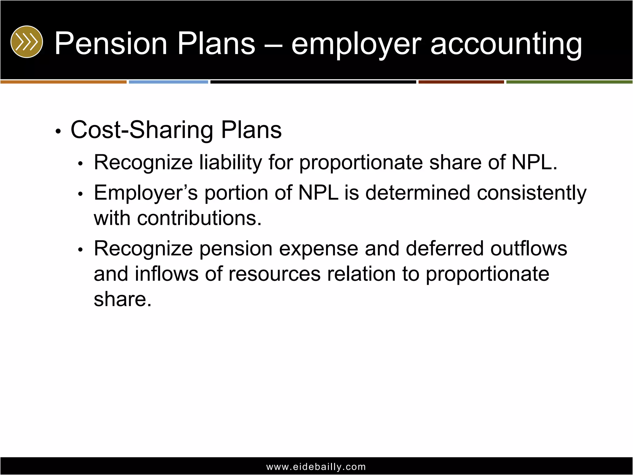 Pension Plans – employer accounting
•

Cost-Sharing Plans
•
•
•

Recognize liability for proportionate share of NPL.
Employer’s portion of NPL is determined consistently
with contributions.
Recognize pension expense and deferred outflows
and inflows of resources relation to proportionate
share.

www.eidebai lly.com

 