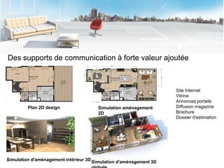 Double-click to enter title

Des supports de communication à forte valeur ajoutée



                                                                    Site Internet
                                                                    Vitrine
                                                                    Annonces portails
         Plan 2D design                Simulation aménagement       Diffusion magazine
                                       2D                           Brochure
                                                                    Dossier d'estimation




Simulation d'aménagement intérieur 3D Simulation d'aménagement 3D
 