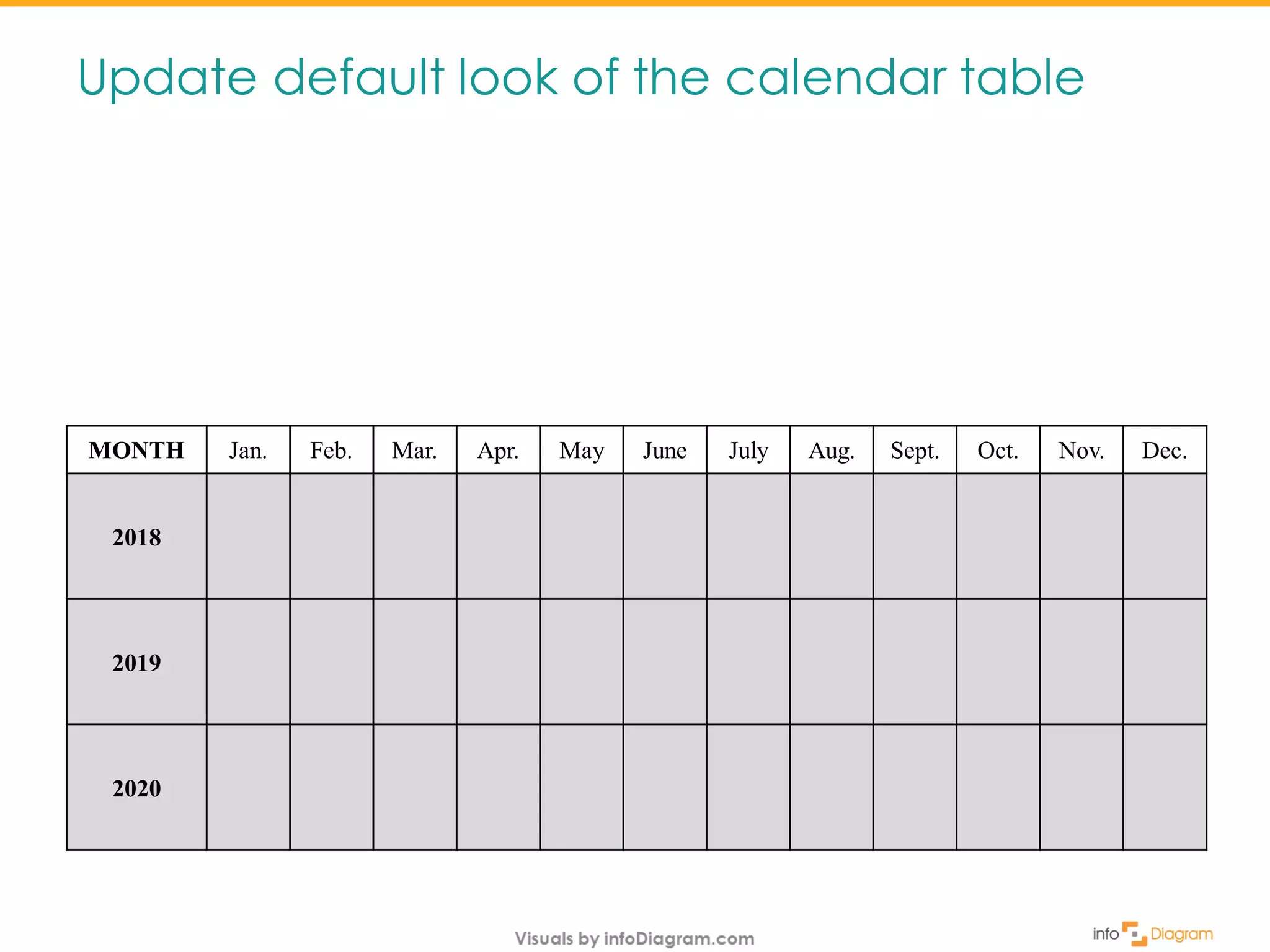 Update default look of the calendar table
MONTH Jan. Feb. Mar. Apr. May June July Aug. Sept. Oct. Nov. Dec.
2018
2019
2020
 