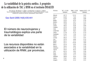 Gac Sanit 2000;14(6):435-441 Los recursos disponibles no   están asociados   a la   variabilidad en la utilización de   RNM, por provincias. El número de neurocirujanos y traumatólogos explica una parte de la variablidad 