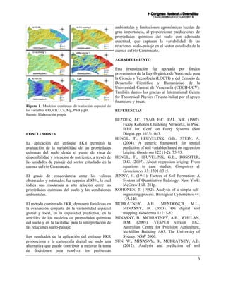 6
Figura 1. Modelos continuos de variación espacial de
las variables CO, CIC, Ca, Mg, PSB y pH.
Fuente: Elaboración propia
CONCLUSIONES
La aplicación del enfoque FKR permitió la
evaluación de la variabilidad de las propiedades
químicas del suelo desde el punto de vista de
disponibilidad y retención de nutrientes, a través de
las unidades de paisaje del sector estudiado en la
cuenca del río Caramacate.
El grado de concordancia entre los valores
observados y estimados fue superior al 83%, lo cual
indica una moderada a alta relación entre las
propiedades químicas del suelo y las condiciones
ambientales.
El método combinado FKR, demostró fortalezas en
la evaluación conjunta de la variabilidad espacial
global y local, en la capacidad predictiva, en la
sencillez de los modelos de propiedades químicas
del suelo y en la facilidad para la interpretación de
las relaciones suelo-paisaje.
Los resultados de la aplicación del enfoque FKR
proporciona a la cartografía digital de suelo una
alternativa que puede contribuir a mejorar la toma
de decisiones para resolver los problemas
ambientales y limitaciones agronómicas locales de
gran importancia, al proporcionar predicciones de
propiedades químicas del suelo con adecuada
exactitud, que capturan la variabilidad de las
relaciones suelo-paisaje en el sector estudiado de la
cuenca del río Caramacate.
AGRADECIMIENTO
Esta investigación fue apoyada por fondos
provenientes de la Ley Orgánica de Venezuela para
la Ciencia y Tecnología (LOCTI) y del Consejo de
Desarrollo Científico y Humanístico de la
Universidad Central de Venezuela (CDCH-UCV).
También damos las gracias al International Centre
for Theoretical Physics (Trieste-Italia) por el apoyo
financiero y becas.
REFERENCIAS
BEZDEK, J.C., TSAO, E.C., PAL, N.R. (1992).
Fuzzy Kohonen Clustering Networks, in Proc.
IEEE Int. Conf. on Fuzzy Systems (San
Diego), pp. 1035-1043.
HENGL, T., HEUVELINK, G.B., STEIN, A.
(2004). A generic framework for spatial
prediction of soil variables based on regression
kriging. Geoderma 122 (1-2): 75-93.
HENGL, T., HEUVELINK, G.B., ROSSITER,
D.G. (2007). About regression-kriging: From
equations to case studies. Computers &
Geosciences 33: 1301-1315.
JENNY, H. (1941). Factors of Soil Formation: A
System of Quantitative Pedology. New York:
McGraw-Hill. 281p.
KOHONEN, T. (1982). Analysis of a simple self-
organizing process. Biological Cybernetics 44:
135-140.
MCBRATNEY, A.B., MENDONÇA, M.L.,
MINASNY, B. (2003). On digital soil
mapping. Geoderma 117: 3-52.
MINASNY, B.; MCBRATNEY, A.B. WHELAN,
B.M. (2005). VESPER version 1.62.
Australian Centre for Precision Agriculture,
McMillan Building A05, The University of
Sydney, NSW 2006.
SUN, W., MINASNY, B., MCBRATNEY, A.B.
(2012). Analysis and prediction of soil
 