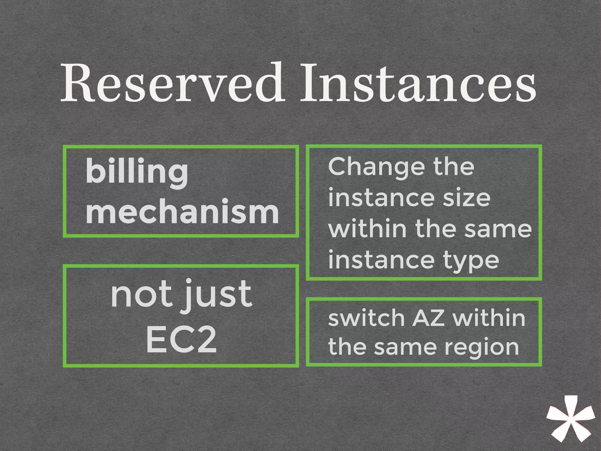 Reserved Instances
switch AZ within
the same region
Change the
instance size
within the same
instance type
not just
EC2
billing
mechanism
 