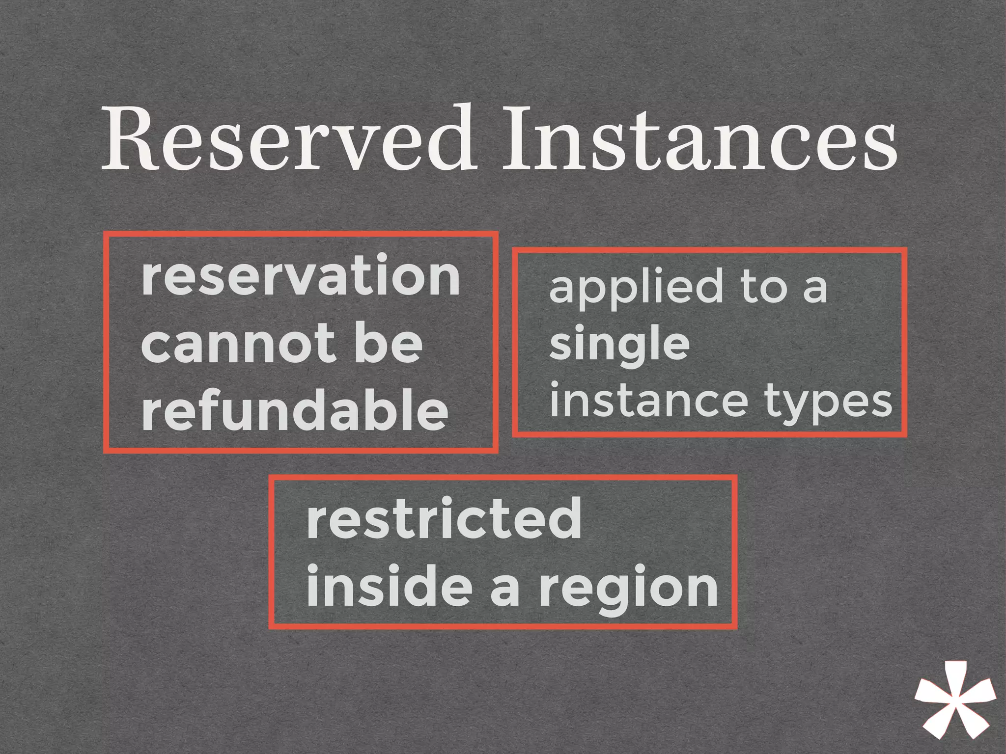 Reserved Instances
reservation
cannot be
refundable
applied to a
single
instance types
restricted
inside a region
 