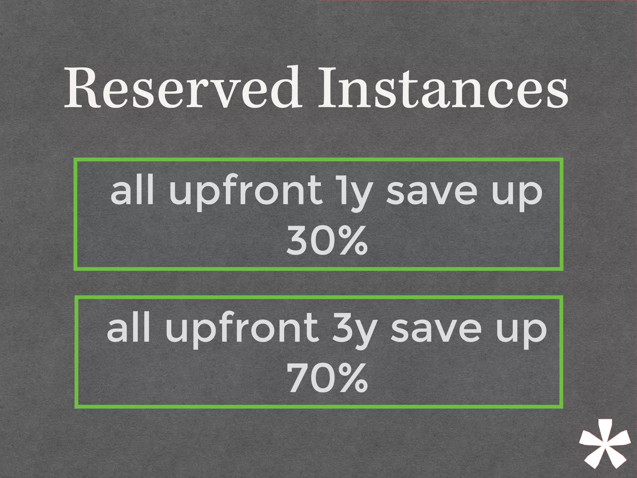 Reserved Instances
all upfront 3y save up
70%
all upfront 1y save up
30%
 