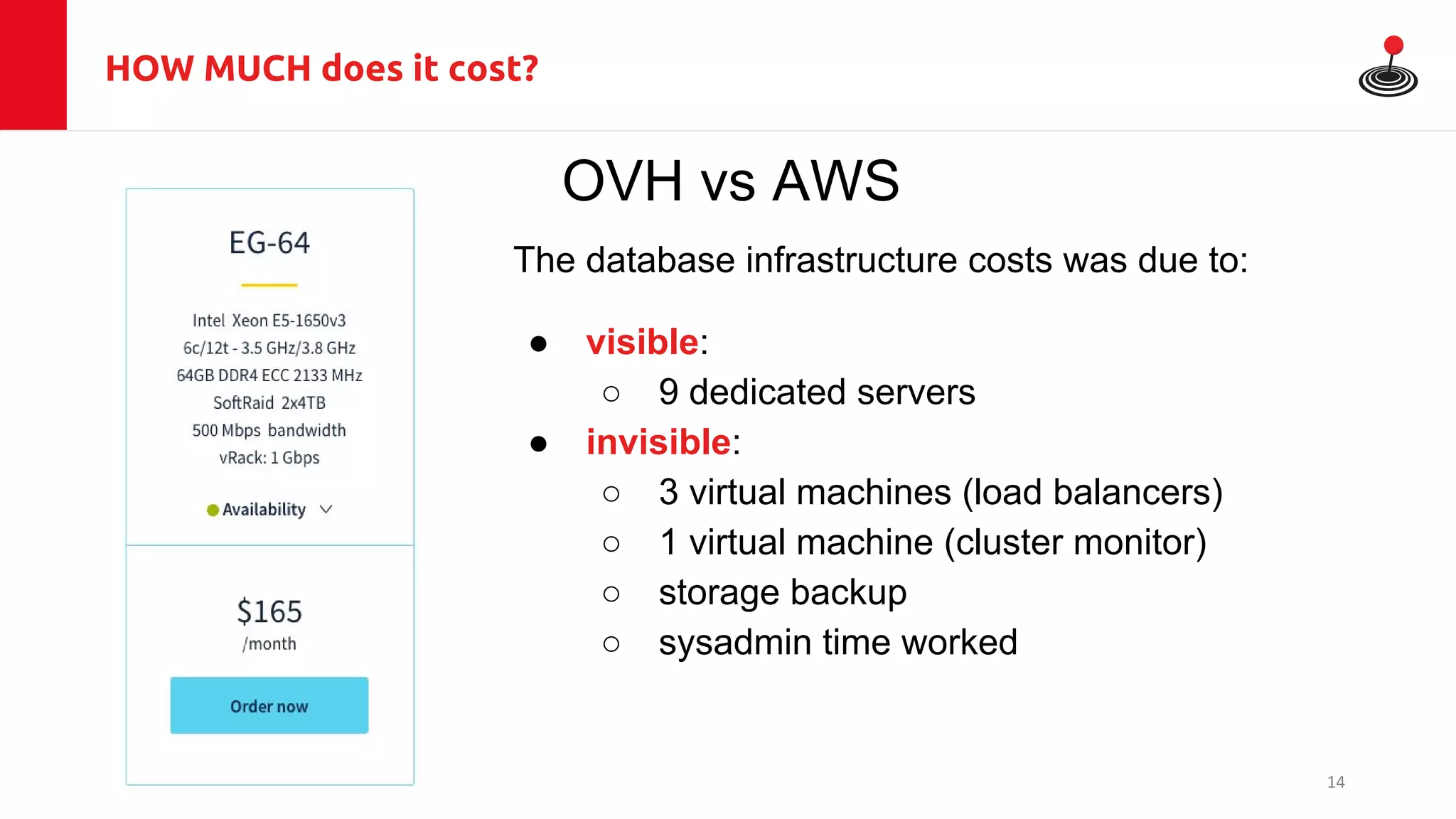 HOW MUCH does it cost?
OVH vs AWS
The database infrastructure costs was due to:
● visible:
○ 9 dedicated servers
● invisible:
○ 3 virtual machines (load balancers)
○ 1 virtual machine (cluster monitor)
○ storage backup
○ sysadmin time worked
14
 