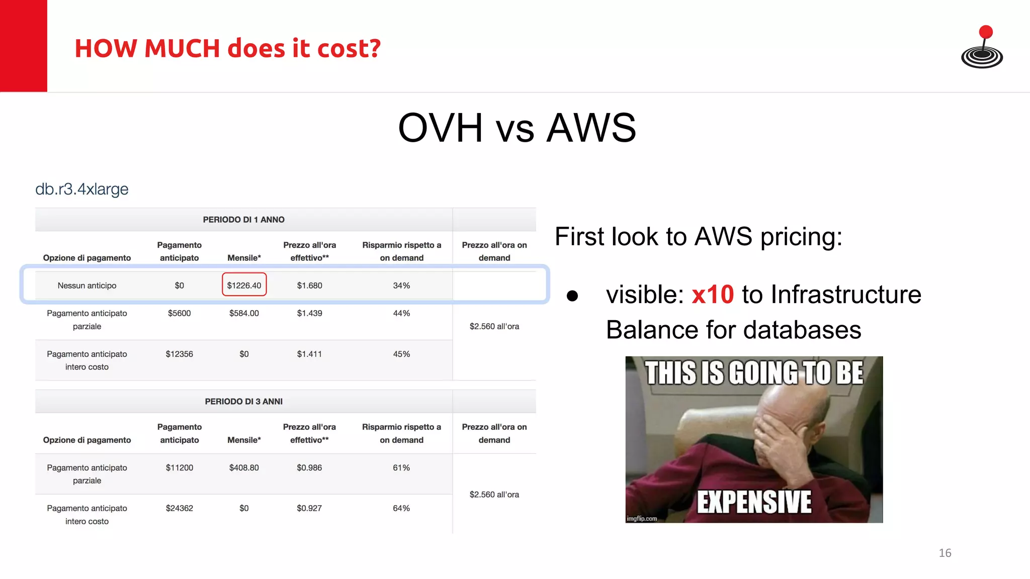 HOW MUCH does it cost?
OVH vs AWS
First look to AWS pricing:
● visible: x10 to Infrastructure
Balance for databases
16
 