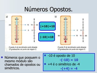 Números Opostos. Números que possuem o mesmo módulo são chamados de opostos ou simétricos. |+10|=10 |-10|=10 -10 é oposto de 10  -(-10) = 10 +4 é o simétrico de -4 -(+4) = -4 