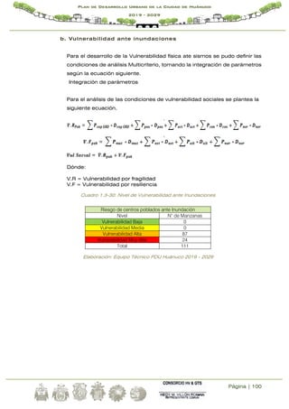 Página | 100
Plan de Desarrollo Urbano de la Ciudad de Huánuco
2019 - 2029
b. Vulnerabilidad ante inundaciones
Para el desarrollo de la Vulnerabilidad física ate sismos se pudo definir las
condiciones de análisis Multicriterio, tomando la integración de parámetros
según la ecuación siguiente.
Integración de parámetros
Para el análisis de las condiciones de vulnerabilidad sociales se plantea la
siguiente ecuación.
Dónde:
V.R = Vulnerabilidad por fragilidad
V.F = Vulnerabilidad por resiliencia
Cuadro 1.3-30: Nivel de Vulnerabilidad ante Inundaciones
Riesgo de centros poblados ante Inundación
Nivel N° de Manzanas
Vulnerabilidad Baja 0
Vulnerabilidad Media 0
Vulnerabilidad Alta 87
Vulnerabilidad Muy Alta 24
Total 111
Elaboración: Equipo Técnico PDU Huánuco 2019 - 2029
 