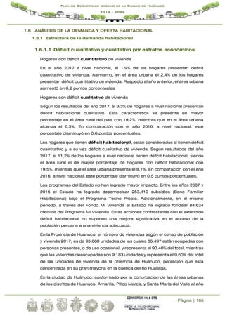 Página | 165
Plan de Desarrollo Urbano de la Ciudad de Huánuco
2019 - 2029
1.6 ANÁLISIS DE LA DEMANDA Y OFERTA HABITACIONAL
1.6.1 Estructura de la demanda habitacional
1.6.1.1 Déficit cuantitativo y cualitativo por estratos económicos
Hogares con déficit cuantitativo de vivienda
En el año 2017 a nivel nacional, el 1,9% de los hogares presentan déficit
cuantitativo de vivienda. Asimismo, en el área urbana el 2,4% de los hogares
presentan déficit cuantitativo de vivienda. Respecto al año anterior, el área urbana
aumentó en 0,2 puntos porcentuales
Hogares con déficit cualitativo de vivienda
Según los resultados del año 2017, el 9,3% de hogares a nivel nacional presentan
déficit habitacional cualitativo. Esta característica se presenta en mayor
porcentaje en el área rural del país con 19,2%, mientras que en el área urbana
alcanza el 6,3%. En comparación con el año 2016, a nivel nacional, este
porcentaje disminuyó en 0,6 puntos porcentuales.
Los hogares que tienen déficit habitacional, están considerados si tienen déficit
cuantitativo y a su vez déficit cualitativo de vivienda. Según resultados del año
2017, el 11,2% de los hogares a nivel nacional tienen déficit habitacional, siendo
el área rural el de mayor porcentaje de hogares con déficit habitacional con
19,5%, mientras que el área urbana presenta el 8,7%. En comparación con el año
2016, a nivel nacional, este porcentaje disminuyó en 0,5 puntos porcentuales.
Los programas del Estado no han logrado mayor impacto. Entre los años 2007 y
2016 el Estado ha logrado desembolsar 253,419 subsidios (Bono Familiar
Habitacional) bajo el Programa Techo Propio. Adicionalmente, en el mismo
período, a través del Fondo Mi Vivienda el Estado ha logrado fondear 84,624
créditos del Programa Mi Vivienda. Estas acciones contrastadas con el extendido
déficit habitacional no suponen una mejora significativa en el acceso de la
población peruana a una vivienda adecuada.
En la Provincia de Huánuco, el número de viviendas según el censo de población
y vivienda 2017, es de 95,680 unidades de las cuales 86,497 están ocupadas con
personas presentes, o de uso ocasional, y representa el 90.40% del total, mientras
que las viviendas desocupadas son 9,183 unidades y representa el 9.60% del total
de las unidades de vivienda de la provincia de Huánuco, población que está
concentrada en su gran mayoría en la cuenca del rio Huallaga.
En la ciudad de Huánuco, conformado por la conurbación de las áreas urbanas
de los distritos de Huánuco, Amarilis, Pillco Marca, y Santa María del Valle al año
 