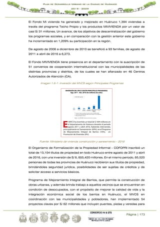 Página | 173
Plan de Desarrollo Urbano de la Ciudad de Huánuco
2019 - 2029
El Fondo Mi vivienda ha generado y mejorado en Huánuco 1,394 viviendas a
través del programa Techo Propio y los productos MIVIVIENDA por un valor de
casi S/ 31 millones. Un avance, de los objetivos de descentralización del gobierno
los programas sociales, y en comparación con la gestión anterior este gobierno
ha incrementado en 1,209% su participación en la región.
De agosto de 2006 a diciembre de 2010 se benefició a 93 familias, de agosto de
2011 a abril de 2016 a 6,273.
El Fondo MIVIVIENDA tiene presencia en el departamento con la suscripción de
51 convenios de cooperación interinstitucional con las municipalidades de las
distintas provincias y distritos, de los cuales se han afianzado en 46 Centros
Autorizados de Atención (CA).
Imagen 1.6-1: Inversión del MVCS según Principales Programas
Fuente: Ministerio de vivienda construcción y saneamiento - 2016
El Organismo de Formalización de la Propiedad Informal – COFOPRI inscribió un
total de 13,104 títulos de propiedad en todo Huánuco entre agosto de 2011 y abril
de 2016, con una inversión de S/ 6, 655,420 millones. En el mismo periodo, 65,520
personas de todas las provincias de Huánuco recibieron sus títulos de propiedad,
brindándoles seguridad jurídica, posibilidades de ser sujetas de créditos y de
solicitar acceso a servicios básicos.
Programa de Mejoramiento Integral de Barrios, que permite la construcción de
obras urbanas, y además brinda trabajo a aquellos vecinos que se encuentran en
condición de desocupados, con el propósito de mejorar la calidad de vida y la
integración económica social de los barrios en Huánuco, el MVCS en
coordinación con las municipalidades y pobladores, han implementado 54
proyectos claves por S/ 62 millones que incluyen puentes, pistas y veredas para
 