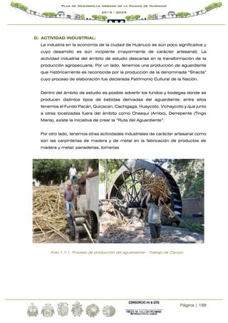 Página | 188
Plan de Desarrollo Urbano de la Ciudad de Huánuco
2019 - 2029
D. ACTIVIDAD INDUSTRIAL:
La industria en la economía de la ciudad de Huánuco es aún poco significativa y
cuyo desarrollo es aún incipiente (mayormente de carácter artesanal). La
actividad industrial del ámbito de estudio descansa en la transformación de la
producción agropecuaria. Por un lado, tenemos una producción de aguardiente
que históricamente es reconocida por la producción de la denominada “Shacta”
cuyo proceso de elaboración fue declarada Patrimonio Cultural de la Nación.
Dentro del ámbito de estudio es posible advertir los fundos y bodegas donde se
producen distintos tipos de bebidas derivadas del aguardiente; entre ellos
tenemos el Fundo Pacán, Quicacan, Cachigaga, Huaycoto, Vichaycoto y que junto
a otras localizadas fuera del ámbito como Chasqui (Ambo), Derrepente (Tingo
María), existe la iniciativa de crear la “Ruta del Aguardiente”.
Por otro lado, tenemos otras actividades industriales de carácter artesanal como
son las carpinterías de madera y de metal en la fabricación de productos de
madera y metal; panaderías, tornerías
Foto 1.7-1: Proceso de producción del aguardiente – Trabajo de Campo
 