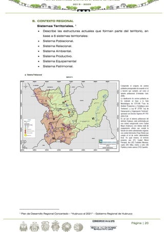 Página | 20
Plan de Desarrollo Urbano de la Ciudad de Huánuco
2019 - 2029
B. CONTEXTO REGIONAL
Sistemas Territoriales. 1
 Describe las estructuras actuales que forman parte del territorio, en
base a 6 sistemas territoriales:
 Sistema Poblacional.
 Sistema Relacional.
 Sistema Ambiental.
 Sistema Productivo.
 Sistema Equipamental
 Sistema Patrimonial.
1 Plan de Desarrollo Regional Concertado – “Huánuco al 2021” – Gobierno Regional de Huánuco
 