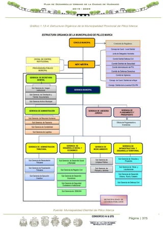 Página | 375
Plan de Desarrollo Urbano de la Ciudad de Huánuco
2019 - 2029
Gráfico 1.13-4: Estructura Orgánica de la Municipalidad Provincial de Pillco Marca
Fuente: Munisipalidad Distrital de Pillco Marca
 