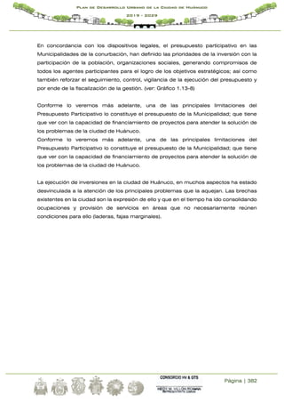 Página | 382
Plan de Desarrollo Urbano de la Ciudad de Huánuco
2019 - 2029
En concordancia con los dispositivos legales, el presupuesto participativo en las
Municipalidades de la conurbación, han definido las prioridades de la inversión con la
participación de la población, organizaciones sociales, generando compromisos de
todos los agentes participantes para el logro de los objetivos estratégicos; así como
también reforzar el seguimiento, control, vigilancia de la ejecución del presupuesto y
por ende de la fiscalización de la gestión. (ver: Gráfico 1.13-8)
Conforme lo veremos más adelante, una de las principales limitaciones del
Presupuesto Participativo lo constituye el presupuesto de la Municipalidad; que tiene
que ver con la capacidad de financiamiento de proyectos para atender la solución de
los problemas de la ciudad de Huánuco.
Conforme lo veremos más adelante, una de las principales limitaciones del
Presupuesto Participativo lo constituye el presupuesto de la Municipalidad; que tiene
que ver con la capacidad de financiamiento de proyectos para atender la solución de
los problemas de la ciudad de Huánuco.
La ejecución de inversiones en la ciudad de Huánuco, en muchos aspectos ha estado
desvinculada a la atención de los principales problemas que la aquejan. Las brechas
existentes en la ciudad son la expresión de ello y que en el tiempo ha ido consolidando
ocupaciones y provisión de servicios en áreas que no necesariamente reúnen
condiciones para ello (laderas, fajas marginales).
 
