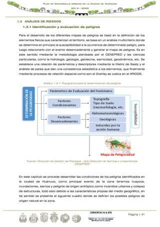 Página | 41
Plan de Desarrollo Urbano de la Ciudad de Huánuco
2019 - 2029
1.3 ANÁLISIS DE RIESGOS
1.3.1 Identificación y evaluación de peligros
Para el desarrollo de los diferentes mapas de peligros se basó en la definición de los
elementos físicos que caracterizan el territorio, se basa en un análisis multicriterio donde
se determina en principio la susceptibilidad a la ocurrencia de determinado peligro, para
luego relacionarlo con el evento desencadenante y generar el mapa de peligros. Es en
este sentido mediante la metodología planteada por el CENEPRED y las ciencias
particulares, como la hidrología, geología, geotecnia, sismicidad, geodinámica, etc. Se
establece una relación de parámetros y descriptores mediante la Matriz de Saaty y el
análisis de pares que dan una consistencia estadística a los elementos, que finalmente
mediante procesos de relación espacial como son el Overlay se vuelca en el ARCGIS.
Gráfico 1.3-1: Flujograma para la determinación de peligros
Fuente: Dirección de Gestión de Procesos - Sub Dirección de Normas y Lineamientos
CENEPRED
En este capítulo se procede desarrollar las condiciones de los peligros identificados en
la ciudad de Huánuco, como principal evento de la zona tenemos huaycos,
inundaciones, sismos y peligros de origen antrópico como incendios urbanos y colapso
de estructuras, todo esto debido a las características propias del medio geográfico, en
tal sentido se presenta el siguiente cuadro donde se definen los posibles peligros de
origen natural en la zona.
 