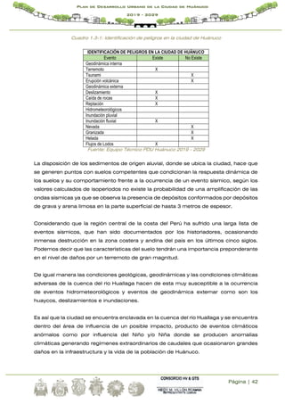 Página | 42
Plan de Desarrollo Urbano de la Ciudad de Huánuco
2019 - 2029
Cuadro 1.3-1: Identificación de peligros en la ciudad de Huánuco
IDENTIFICACIÓN DE PELIGROS EN LA CIUDAD DE HUÁNUCO
Evento Existe No Existe
Geodinámica interna
Terremoto X
Tsunami X
Erupción volcánica X
Geodinámica externa
Deslizamiento X
Caída de rocas X
Reptación X
Hidrometeorológicos
Inundación pluvial
Inundación fluvial X
Nevada X
Granizada X
Helada X
Flujos de Lodos X
Fuente: Equipo Técnico PDU Huánuco 2019 - 2029
La disposición de los sedimentos de origen aluvial, donde se ubica la ciudad, hace que
se generen puntos con suelos competentes que condicionan la respuesta dinámica de
los suelos y su comportamiento frente a la ocurrencia de un evento sísmico, según los
valores calculados de isoperiodos no existe la probabilidad de una amplificación de las
ondas sísmicas ya que se observa la presencia de depósitos conformados por depósitos
de grava y arena limosa en la parte superficial de hasta 3 metros de espesor.
Considerando que la región central de la costa del Perú ha sufrido una larga lista de
eventos sísmicos, que han sido documentados por los historiadores, ocasionando
inmensa destrucción en la zona costera y andina del país en los últimos cinco siglos.
Podemos decir que las características del suelo tendrán una importancia preponderante
en el nivel de daños por un terremoto de gran magnitud.
De igual manera las condiciones geológicas, geodinámicas y las condiciones climáticas
adversas de la cuenca del rio Huallaga hacen de esta muy susceptible a la ocurrencia
de eventos hidrometeorológicos y eventos de geodinámica externar como son los
huaycos, deslizamientos e inundaciones.
Es así que la ciudad se encuentra enclavada en la cuenca del rio Huallaga y se encuentra
dentro del área de influencia de un posible impacto, producto de eventos climáticos
anómalos como por influencia del Niño y/o Niña donde se producen anomalías
climáticas generando regímenes extraordinarios de caudales que ocasionaron grandes
daños en la infraestructura y la vida de la población de Huánuco.
 